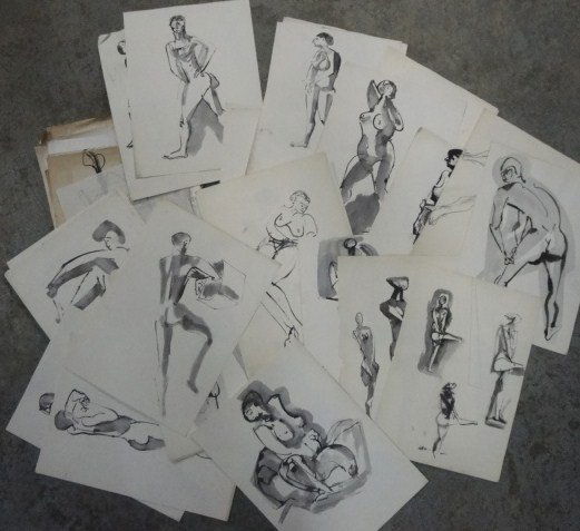 Grouping of approx 60 modernistic black & gray W: Grouping of approx 60 modernistic black & gray W/C drawings of male & female nudes + 2 portraits by John Alfred Begg (1903-1974 Hastings-on-Hudson NY). Note - these are not signed or framed but we