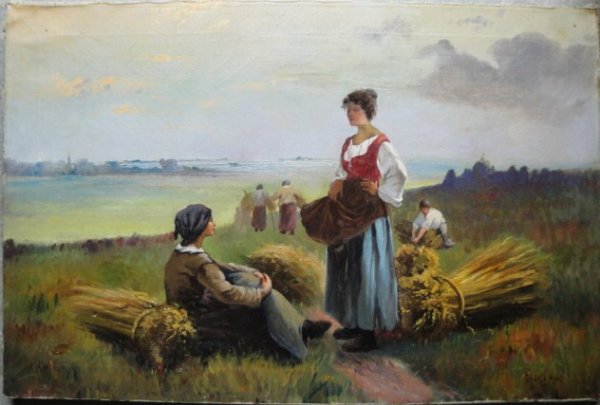 O/C Ladies harvesting wheat at water's edge, signe: O/C Ladies harvesting wheat at water's edge, signed Fascini - repairs to canvas - 20"x30"