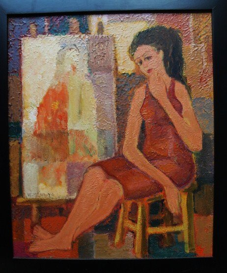 O/B Appears to be modernistic self-portrait of art: O/B Appears to be modernistic self-portrait of artist signed Wadie Mahdy. Canadian, born 1921. 12" x 15.5"