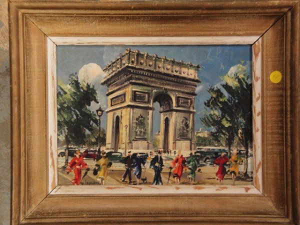 O/B Arc de Triomphe - Paris: Oil on masonite of the Arc de Triomphe in Paris signed M. Legendre (Maurice Louis Legendre, born 1928, active in Paris). 9.5" x 12.5"