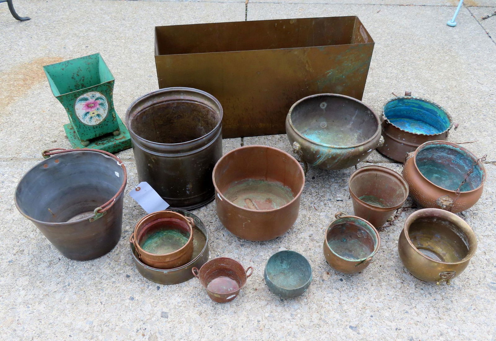 Grouping of 14 brass/copper planters and buckets (1 of 3)