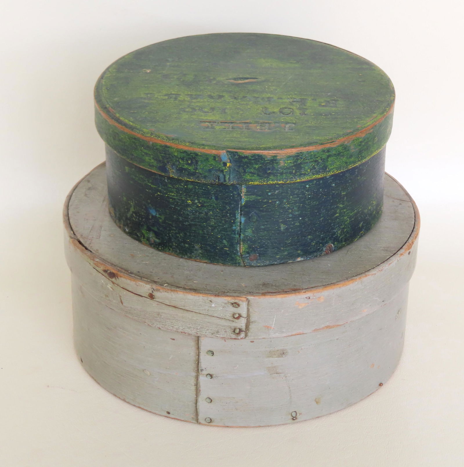 Two painted pantry boxes. The first, in original gray (1 of 7)