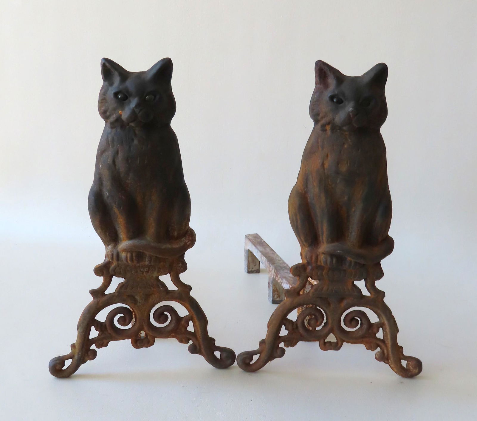 Pair of cast iron seated cat andirons with emerald (1 of 6)