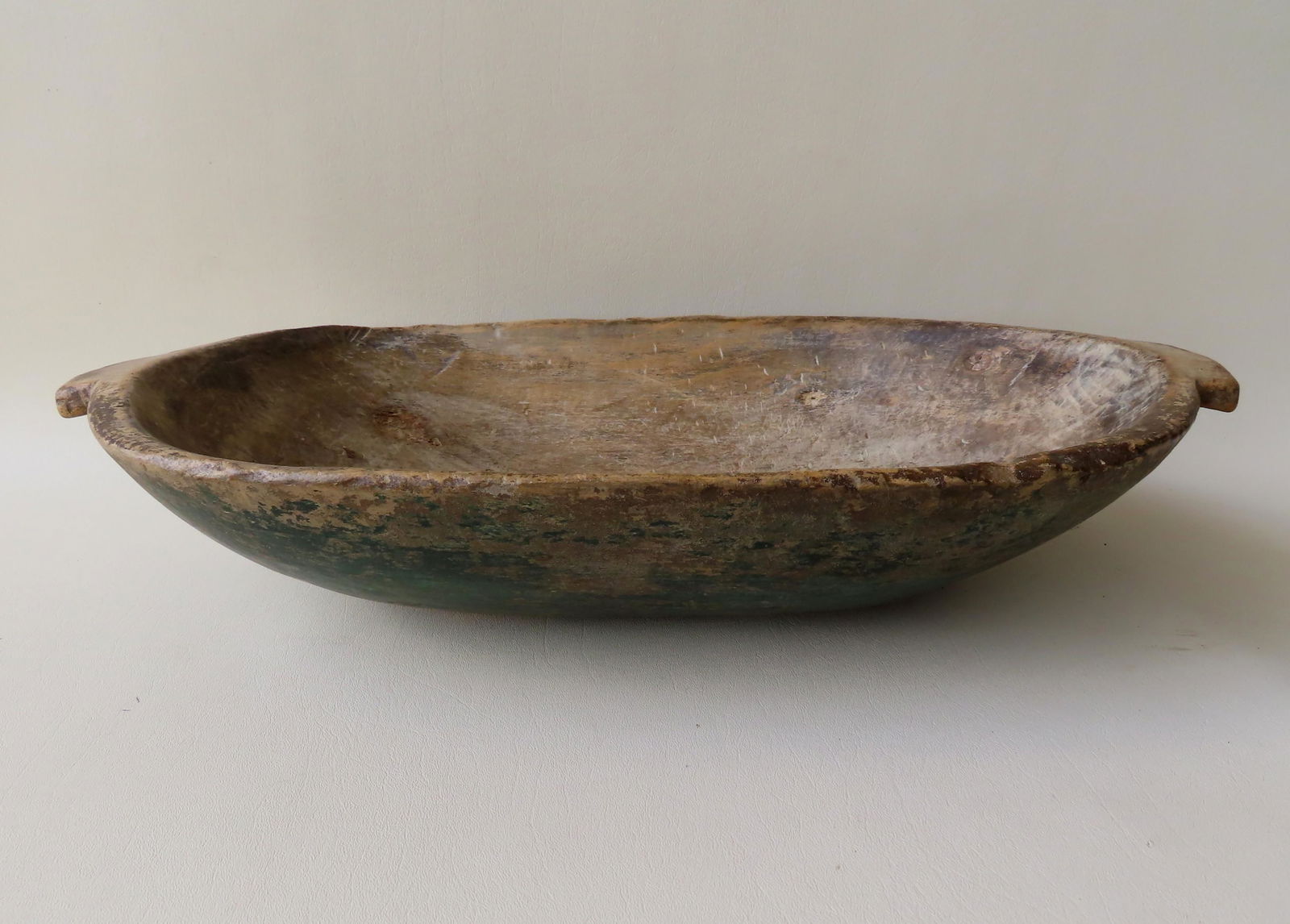 Hand dug treenware bowl in original blue-green paint (1 of 6)