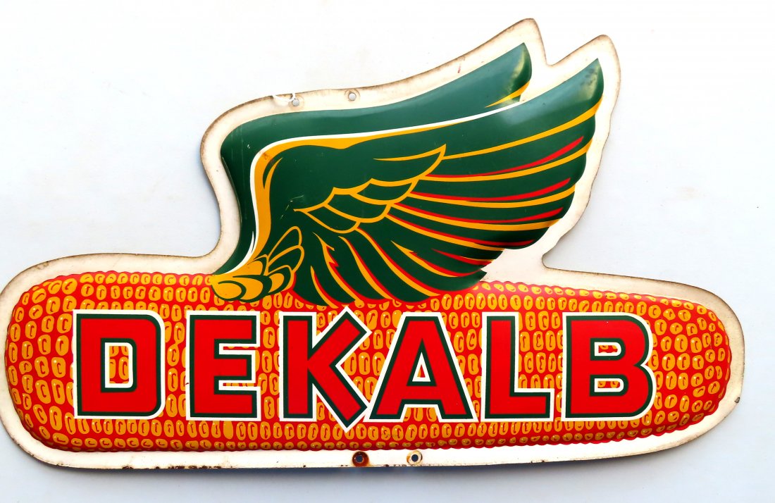 "DEKALB" lithographed tin advertising sign depicting a (1 of 2)
