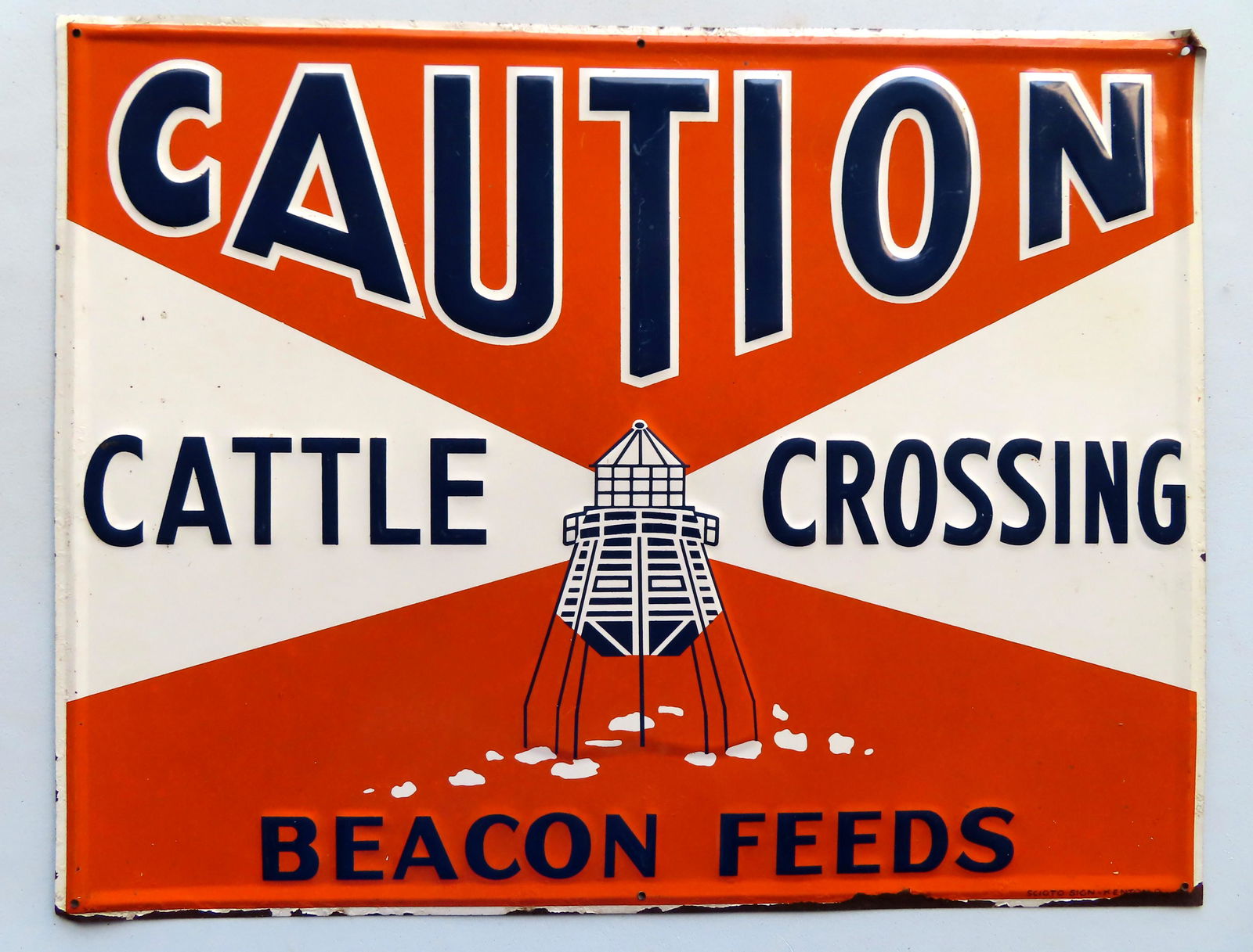 "CAUTION CATTLE CROSSING / BEACON FEEDS" lithographed (1 of 3)