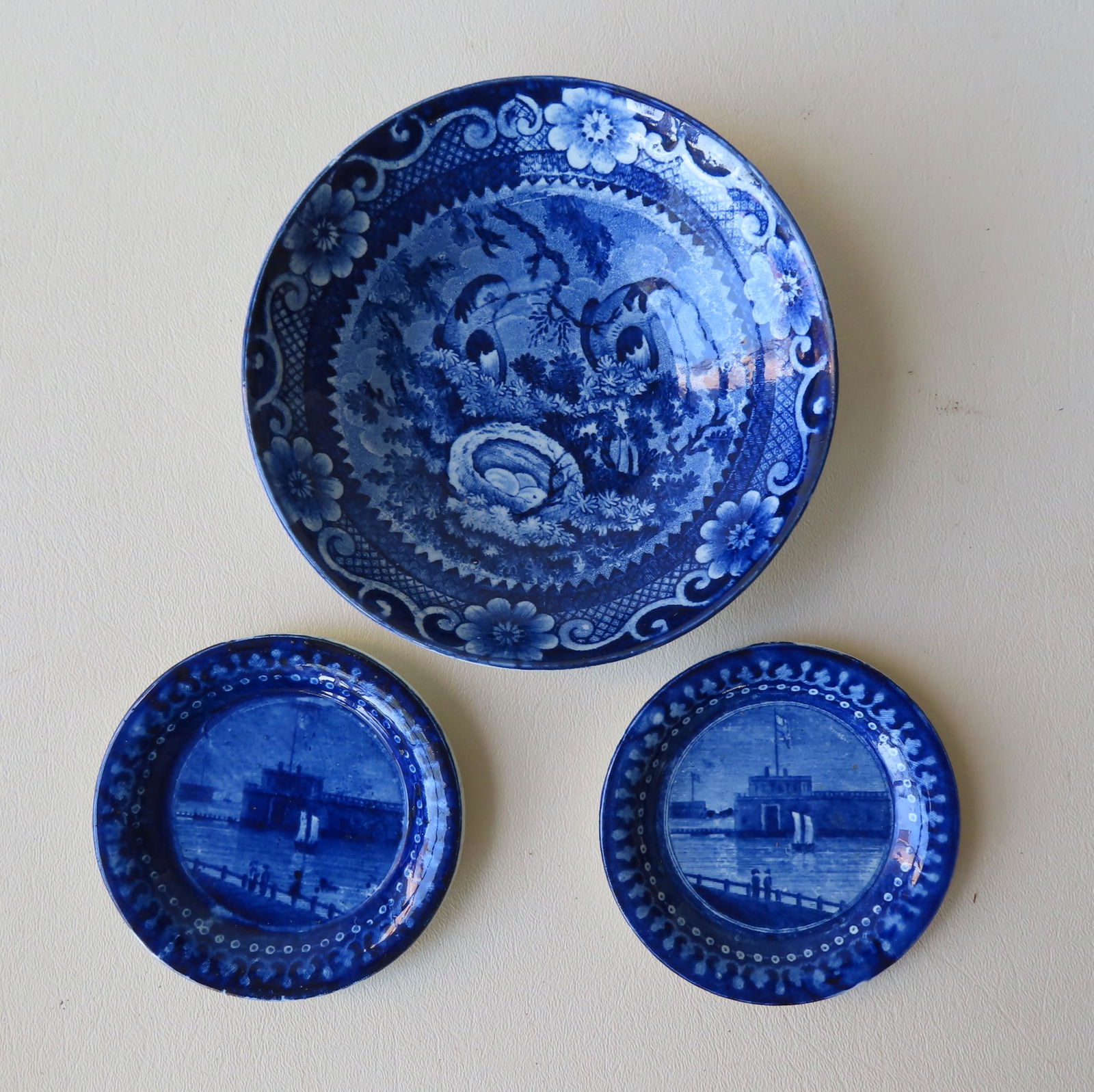 Three dark blue Staffordshire transferware plates (1 of 7)