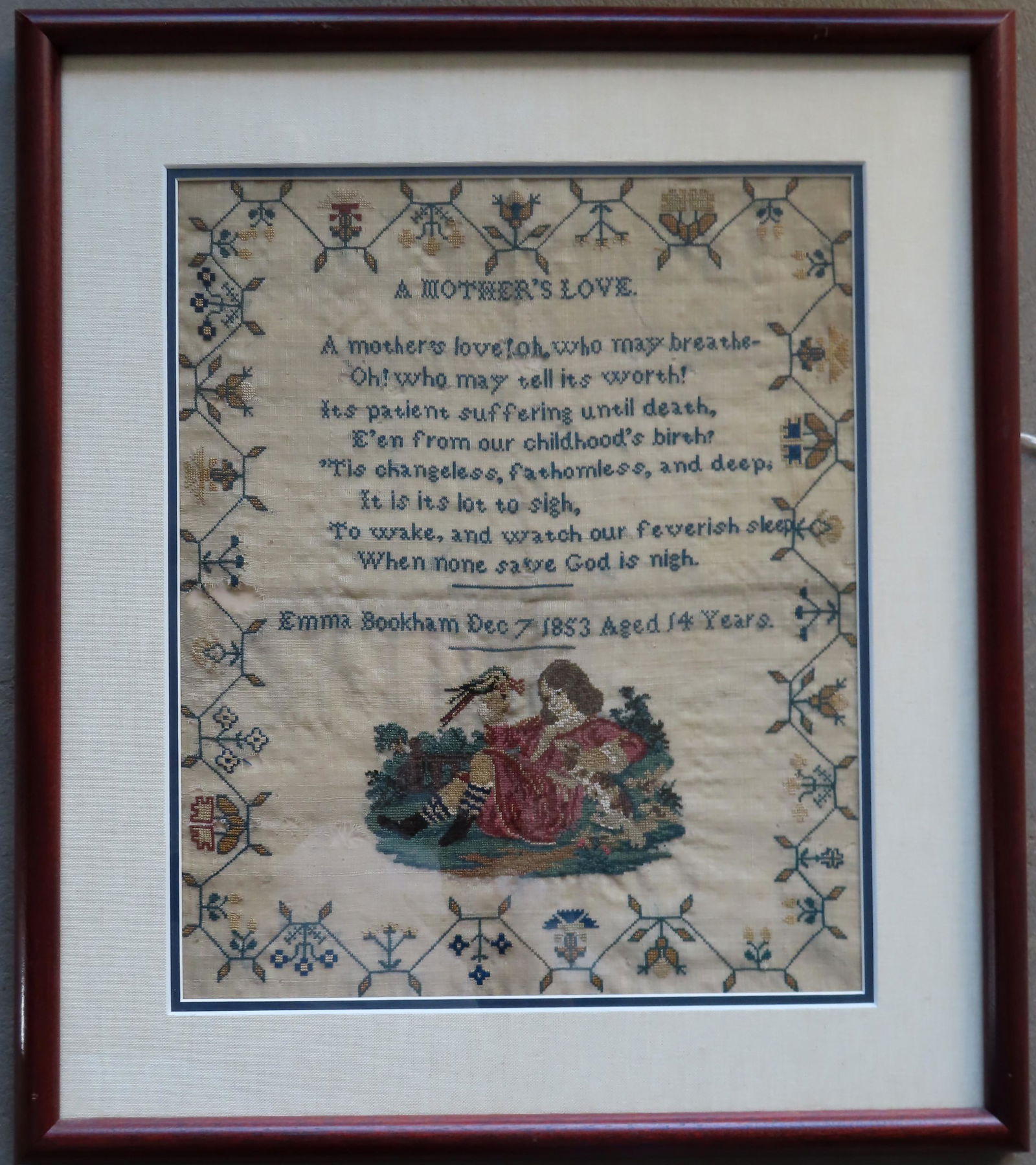 Poetic and pictorial sampler signed "Emma Bookham Dec. (1 of 3)