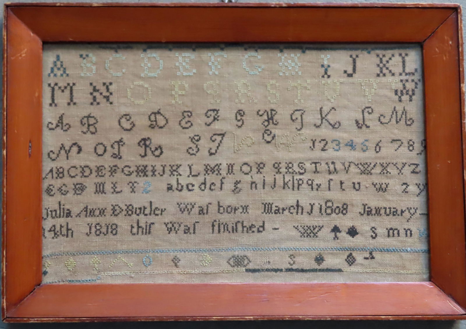 New Paltz NY alphabet sampler signed "Julia Ann D. (1 of 3)