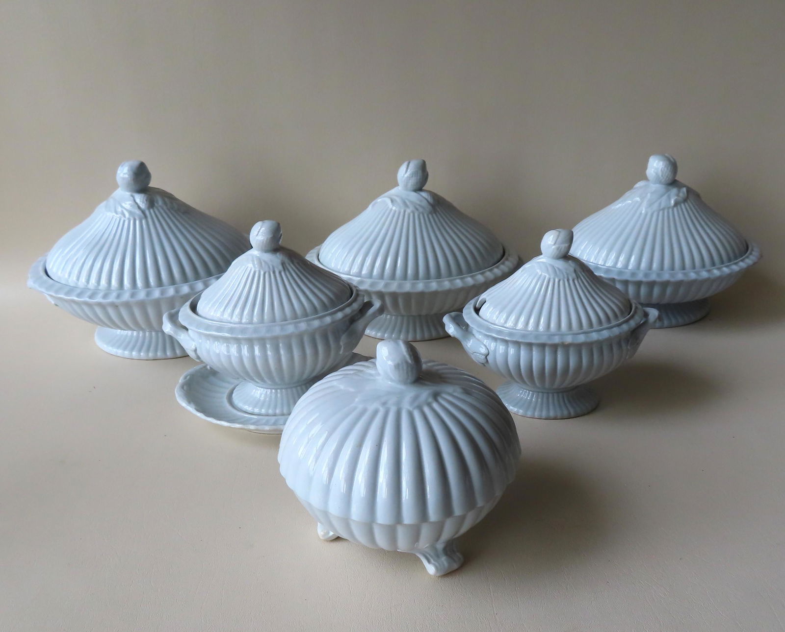 Grouping of 6 white ironstone covered compotes with (1 of 20)