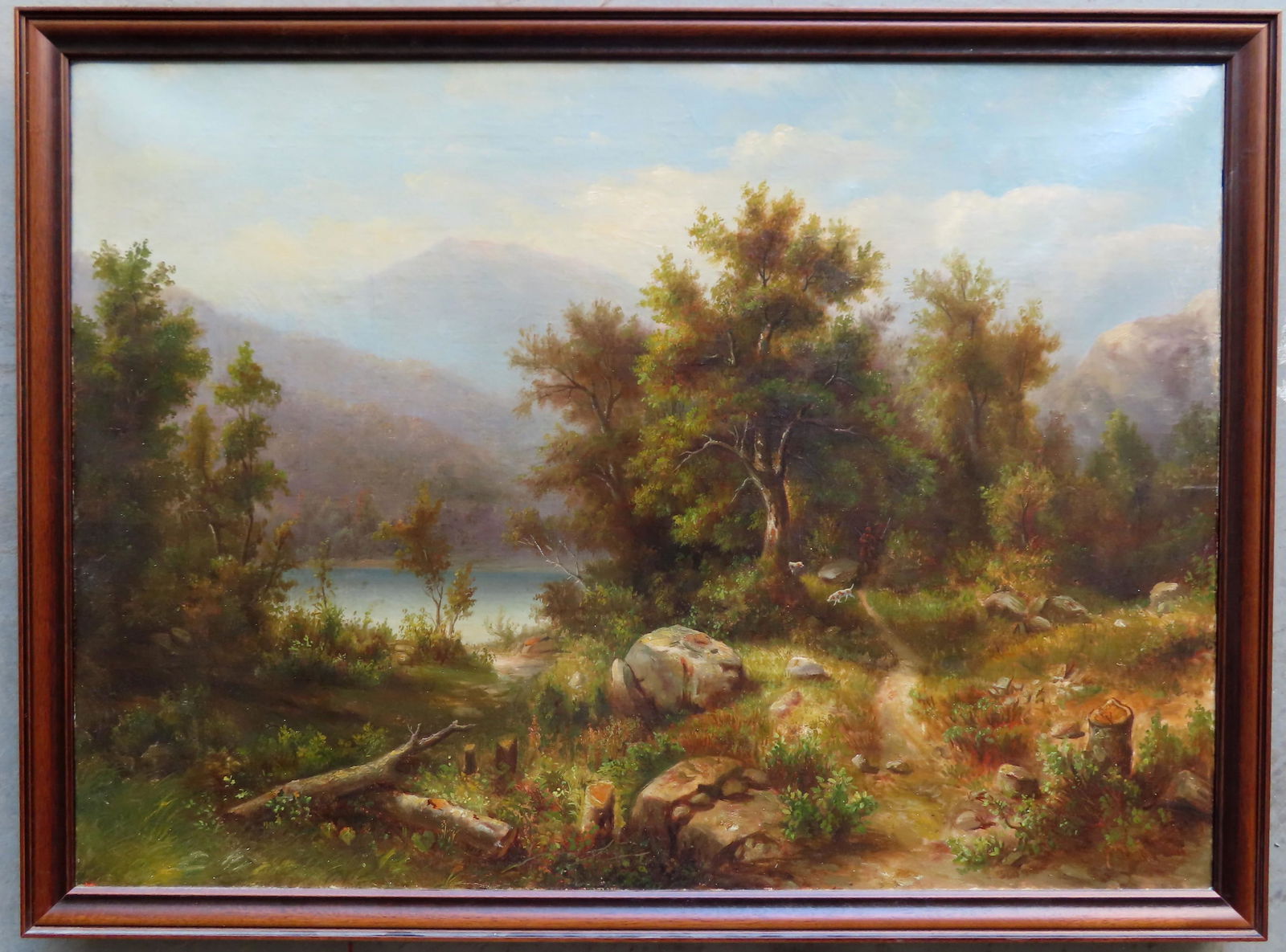 O/C Country woodland scene with pond, hunter and dogs, (1 of 4)