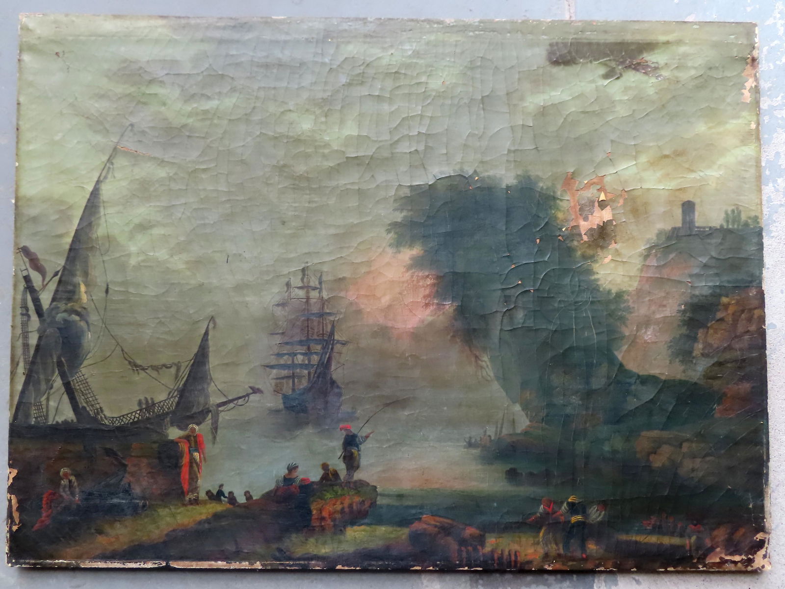 Large O/C Seascape with sailing vessels near shore, (1 of 7)