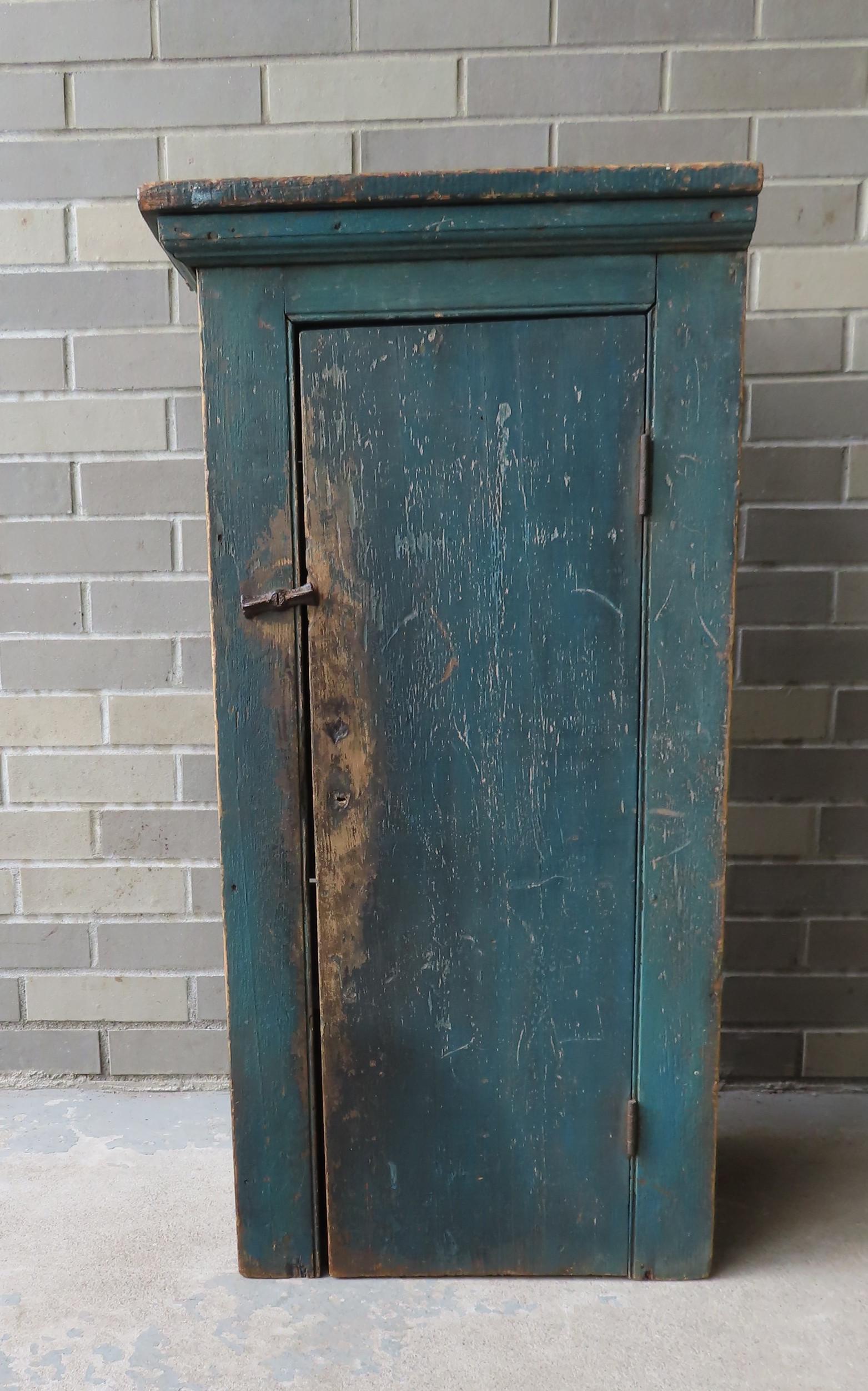 A small 1 door floor cupboard in old blue-green paint (1 of 8)
