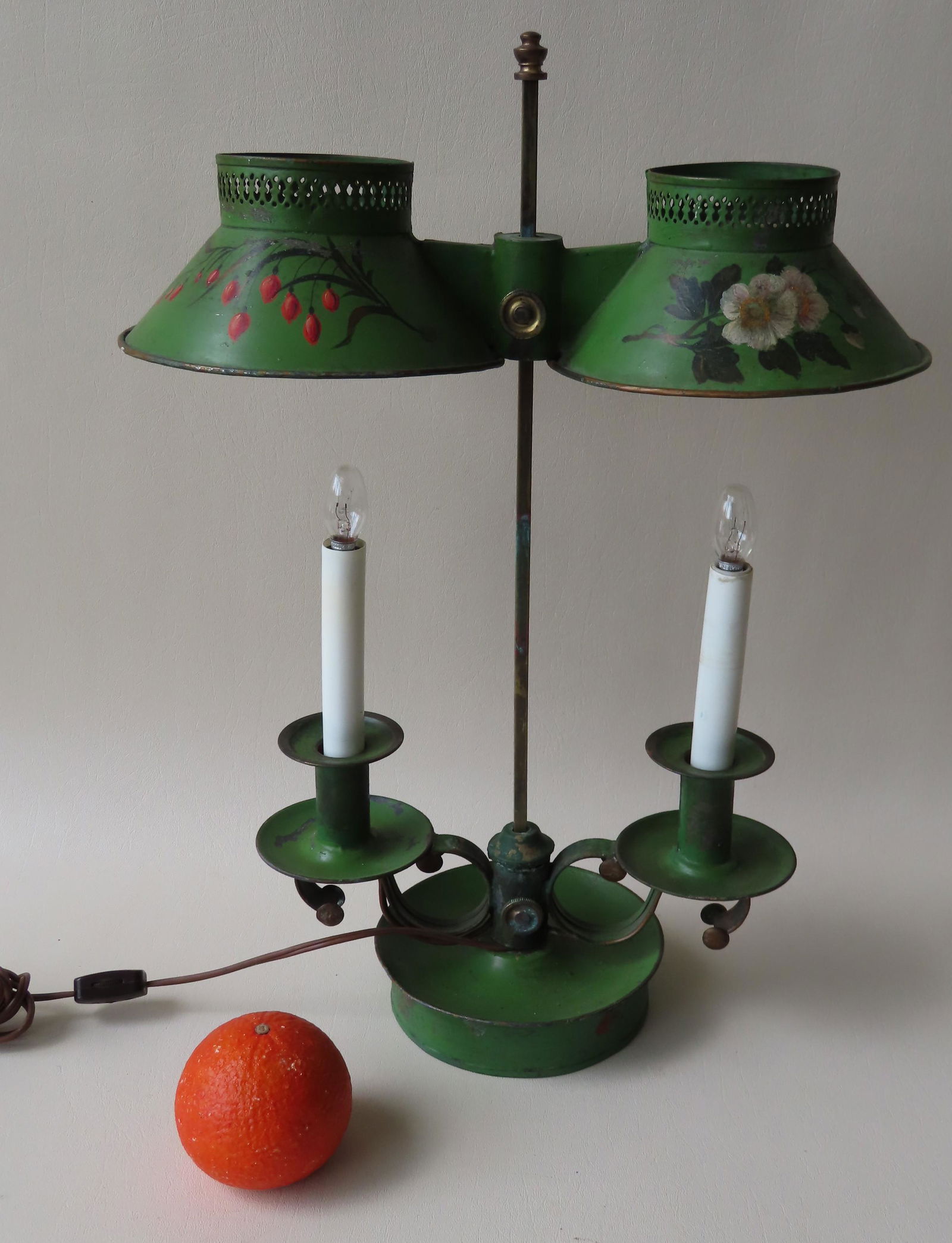 Toleware table lamp, double font, hand painted and: Toleware table lamp, double font, hand painted and decorated with flowers and flower buds. Possibly was an oil lamp and is now electrified. Has height adjustment for the lamps and for the shades - not