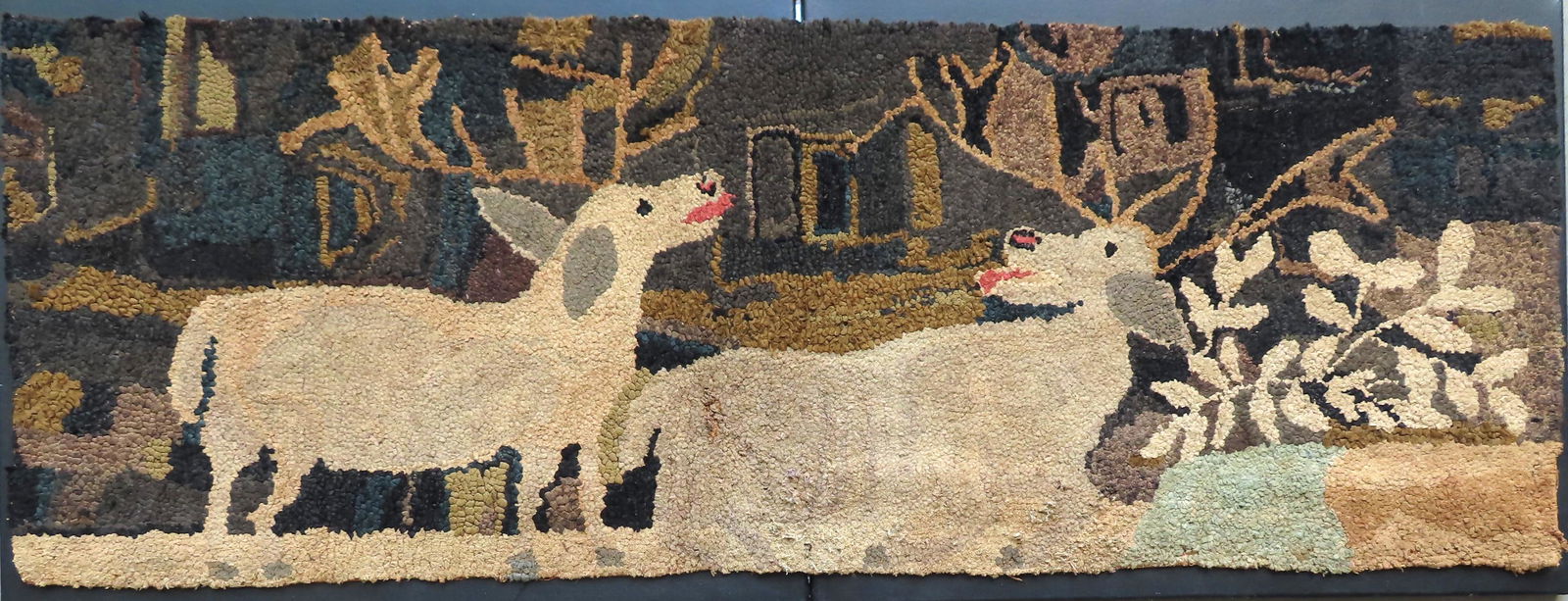 Large mounted hooked rug depicting 2 moose or elk, one (1 of 6)