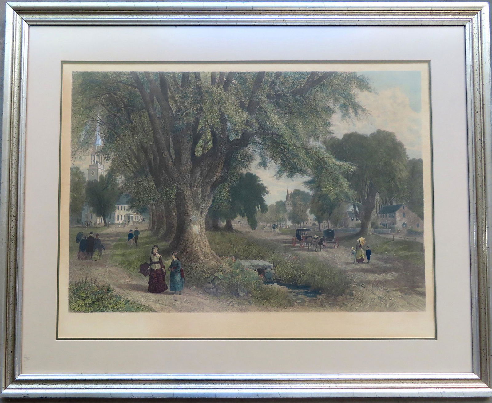 Hand colored engraving titled "THE VILLAGE ELMS /: Hand colored engraving titled "THE VILLAGE ELMS / SUNDAY MORNING IN NEW ENGLAND" (reportedly, a Southbury CT scene) after a painting by Albert Fitch Bellows, and published in 1878 -engraved by James D