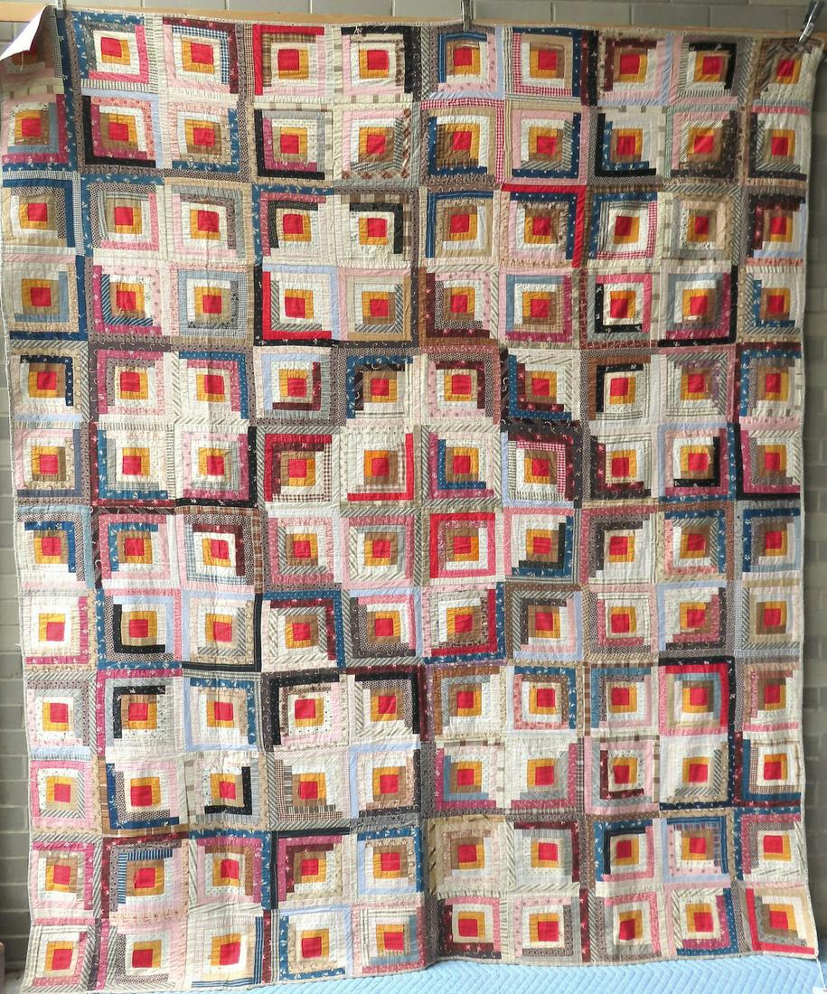 Large Log Cabin quilt, all hand sewn, 19th century. (1 of 7)