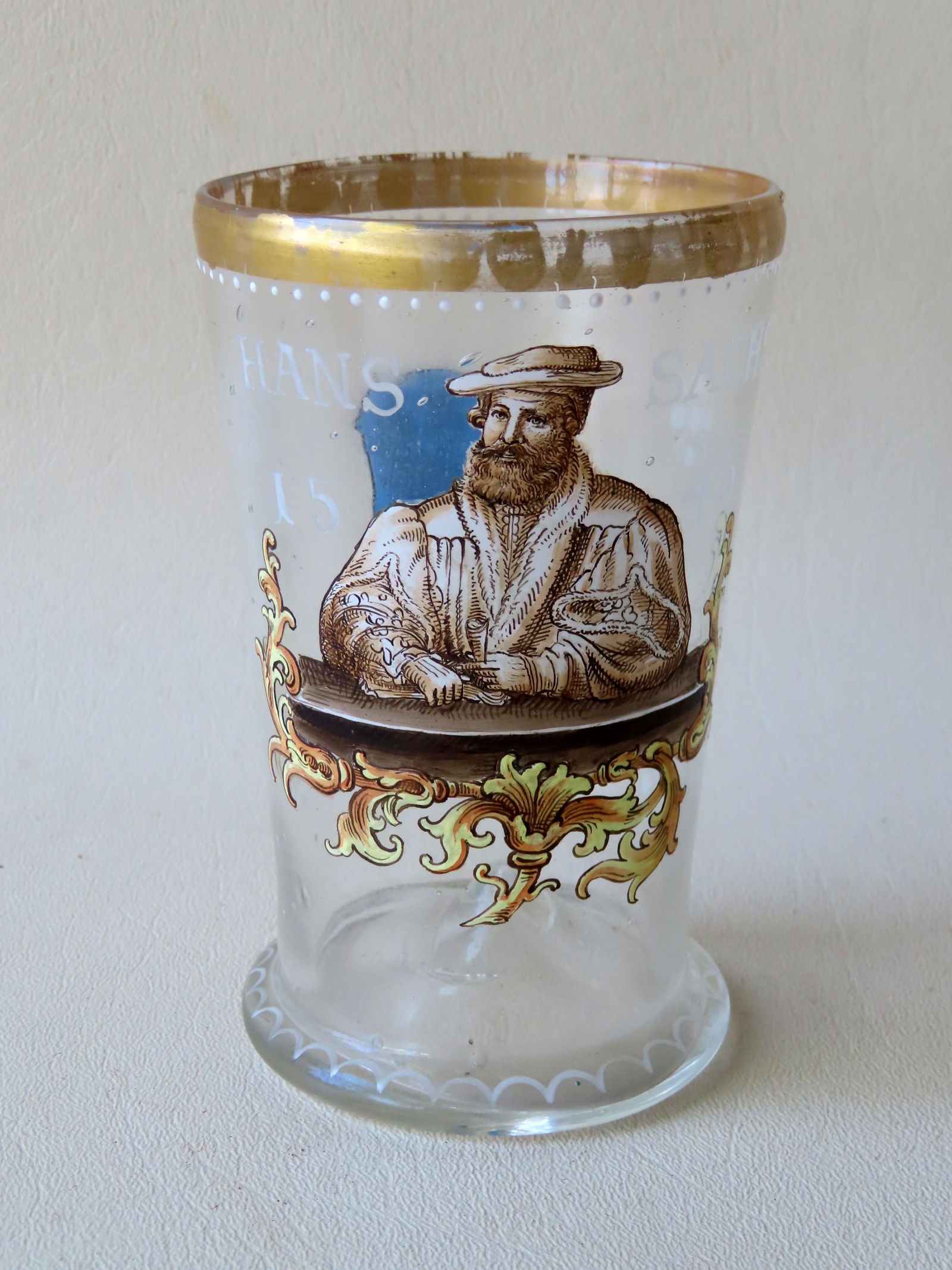 Hand blown and hand painted water glass, Stiegel type, (1 of 5)