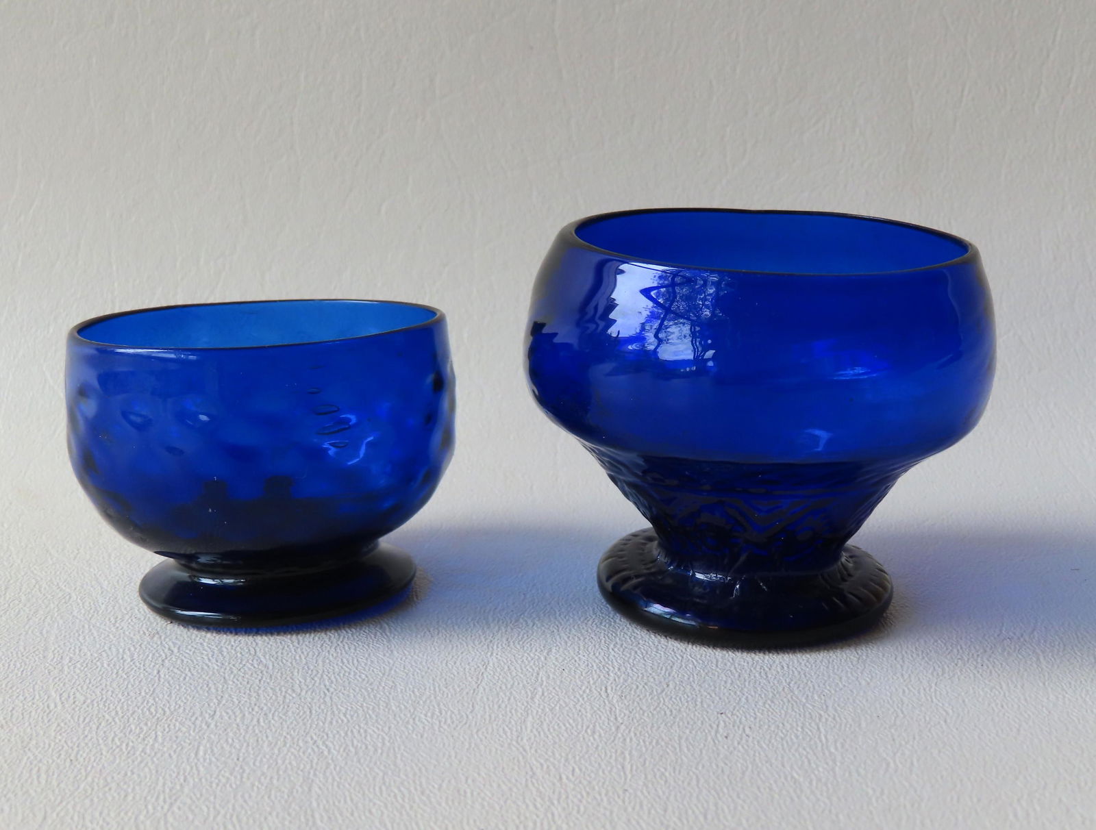 Two cobalt blue hand blown salts, both with scarred (1 of 12)