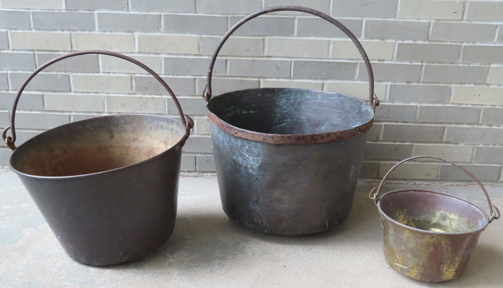 Grouping of 3 copper buckets with forged iron bale (1 of 9)