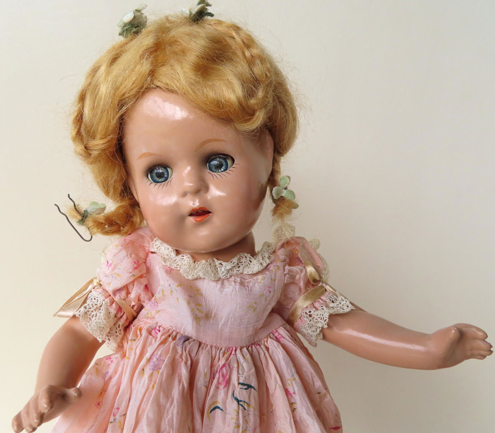 Composition doll in pink satin dress, sleepy blue eyes, (1 of 4)