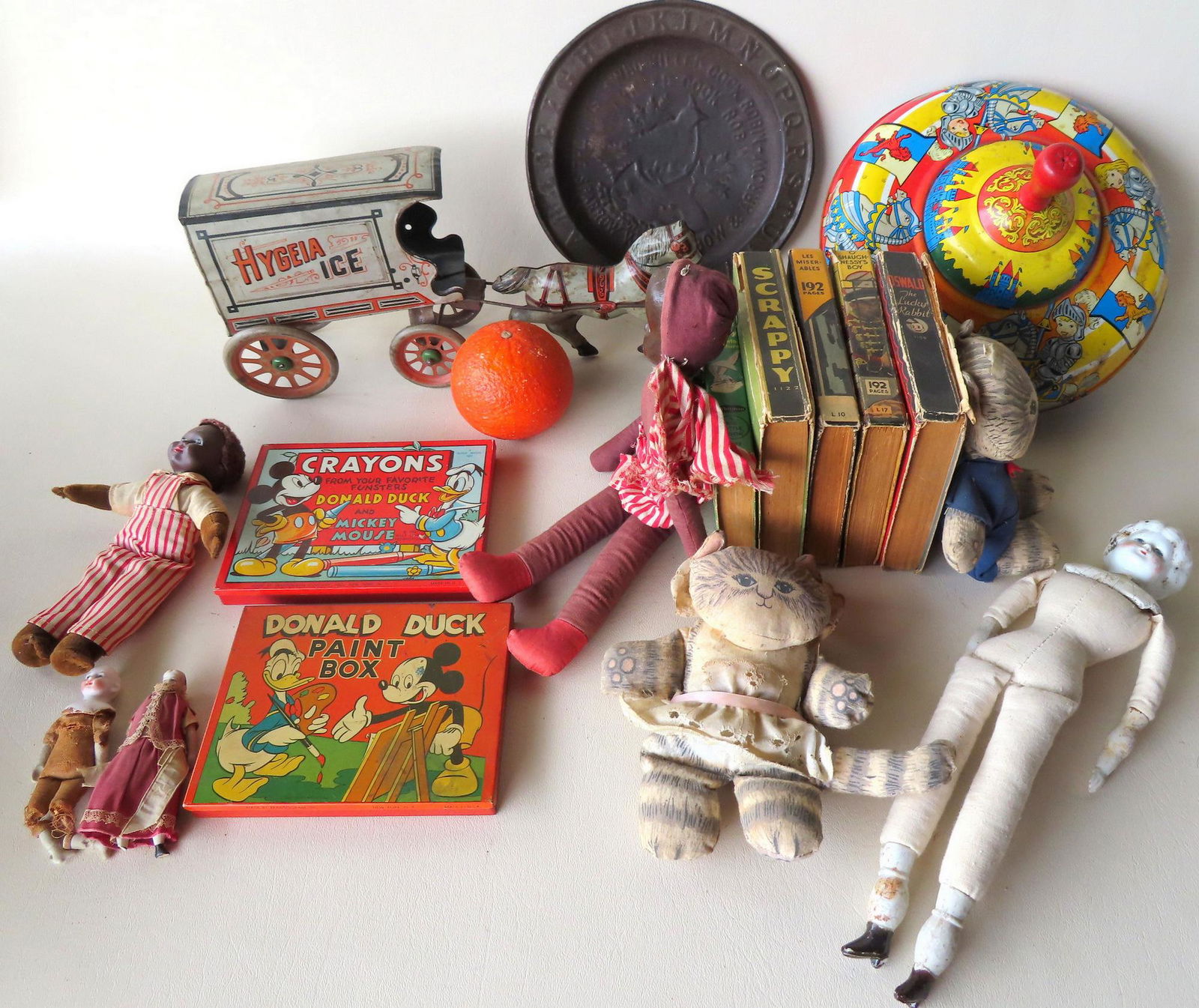 Grouping of toys and dolls including: Lithograph tin (1 of 16)