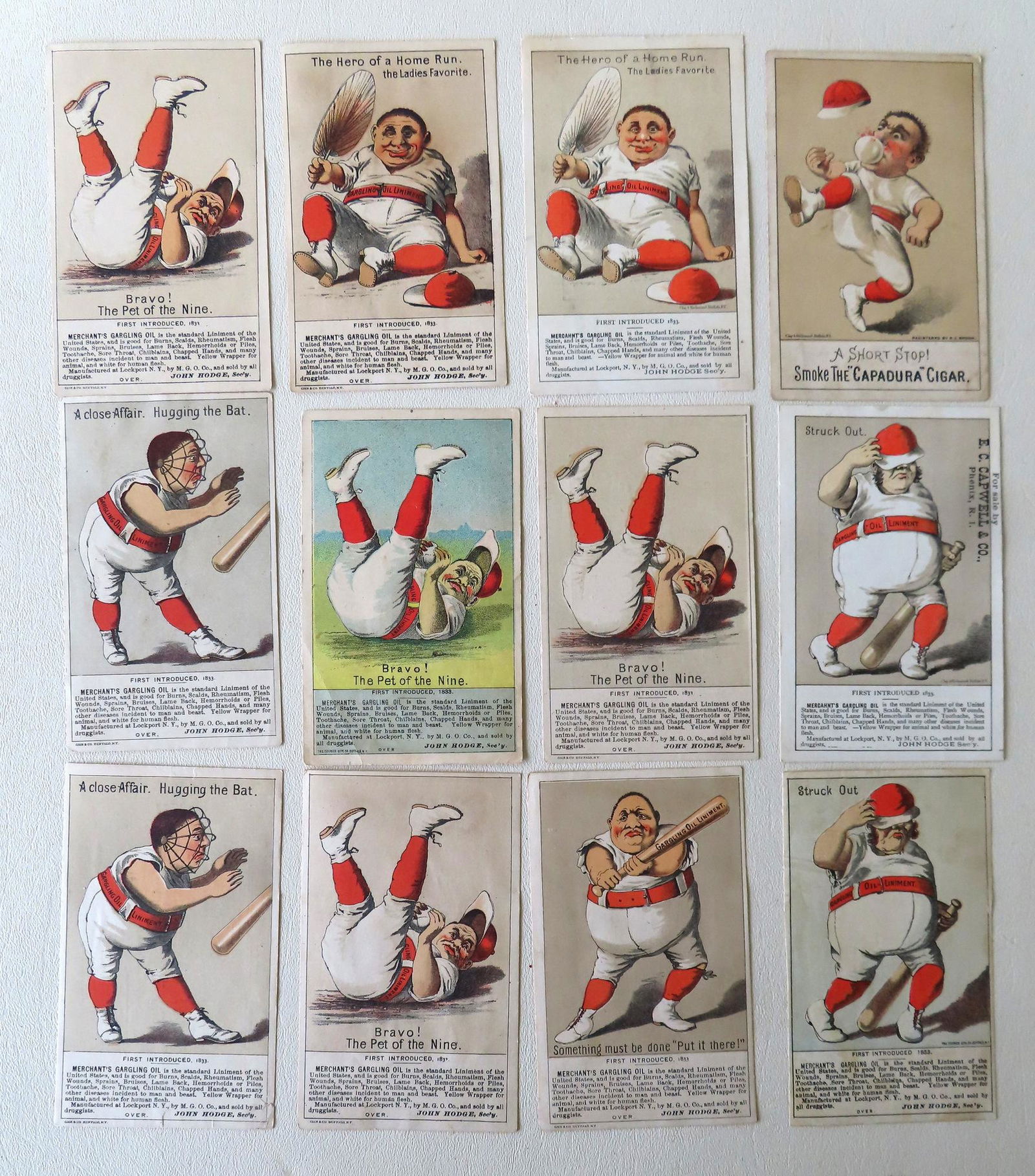 Grouping of 12 comical baseball related trade cards (1 of 8)