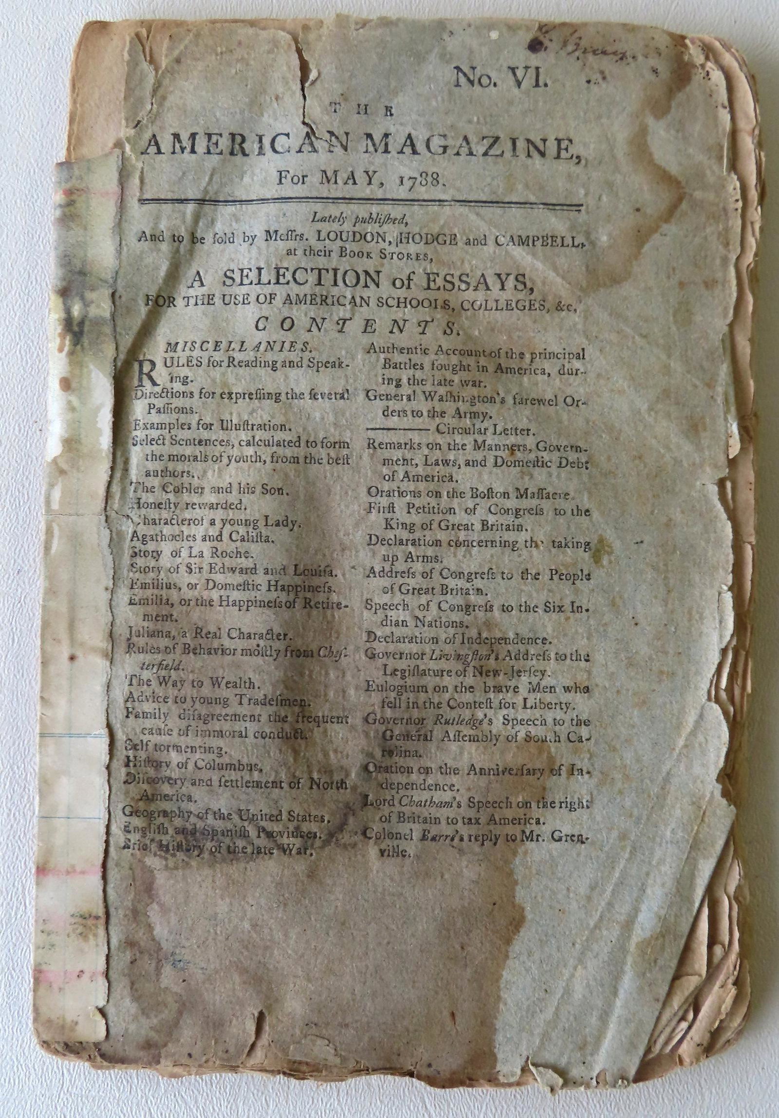 Booklet titled "The American Magazine" For May, 1788 -: Booklet titled "The American Magazine" For May, 1788 - No. VI. - published by S.J. Loudon, 83 total pages with historicl cultural articles including: P. 412 is an eye witness account of the death by h