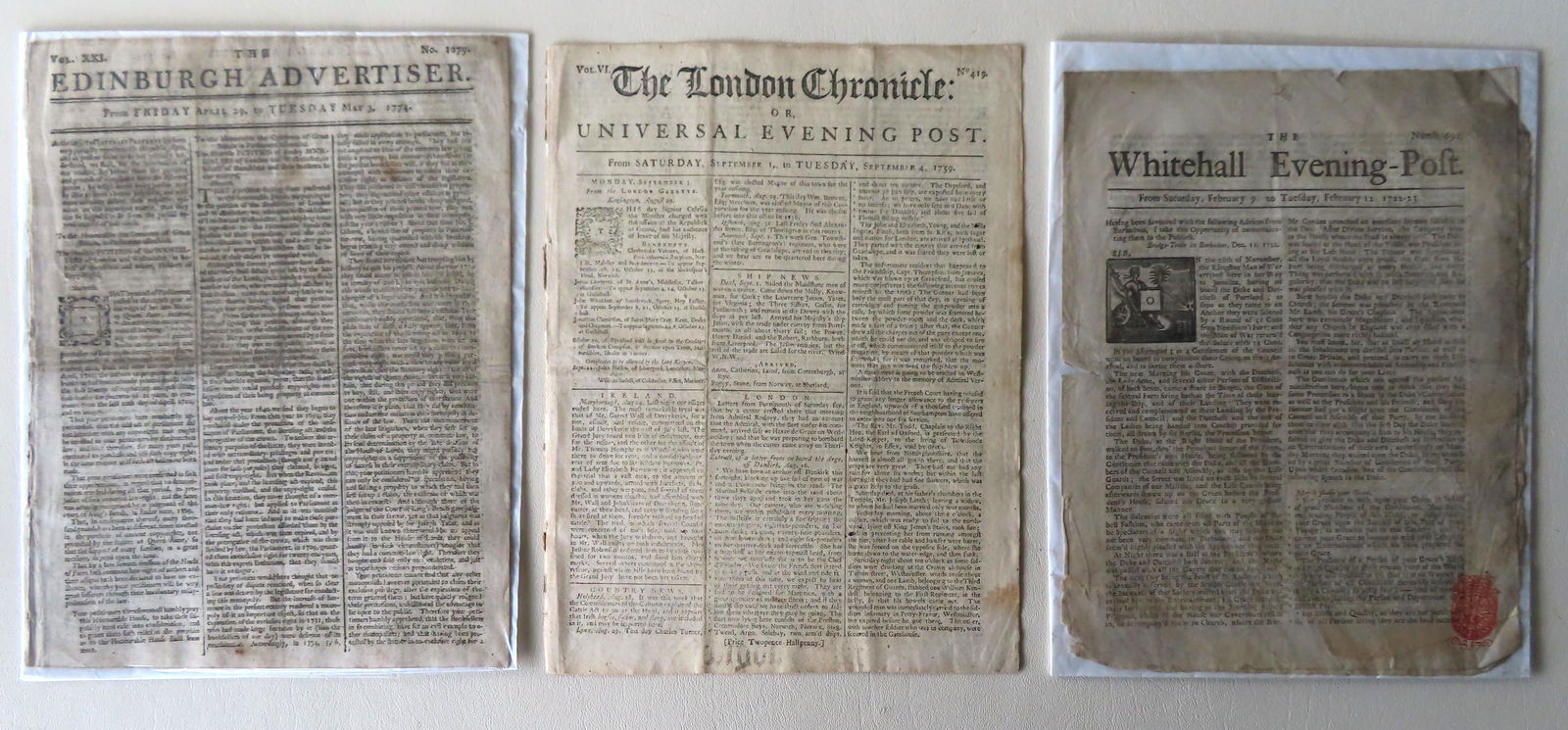 Three 18th century English newspapers including "The (1 of 4)