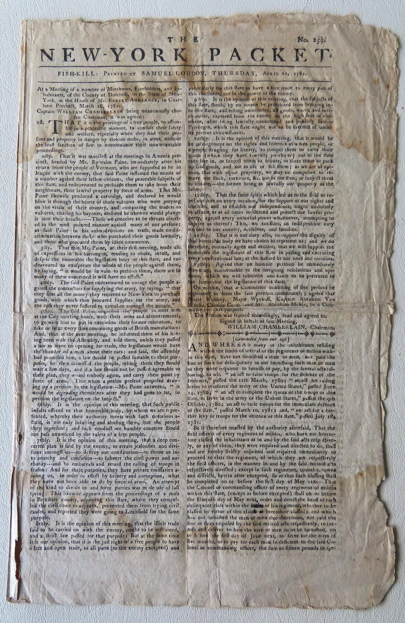 Rare Revolutionary newspaper titled "The New York (1 of 8)