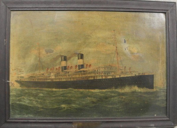 Large steamship advertising chromolithograph of the: Large steamship advertising chromolithograph of the Di Vittorio, in original frame. 27" x 40". Pencil signed Feb 12, 1919.