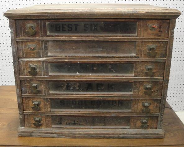J.P. Coats 6 drawer spool cabinet with original li: J.P. Coats 6 drawer spool cabinet with original lithograph panels.