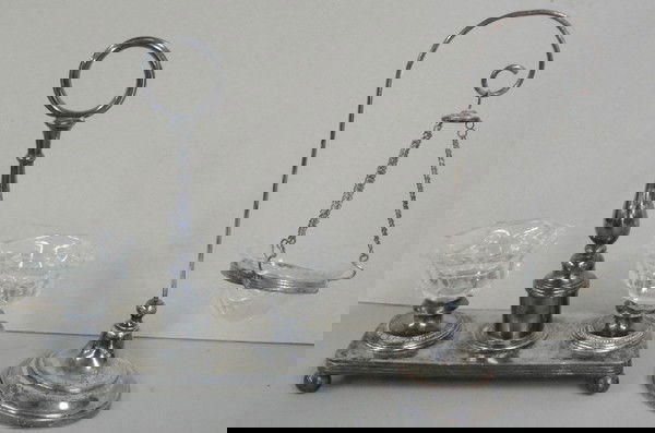 Two silver salt holders: One with 2 glass inserts : Two silver salt holders: One with 2 glass inserts signed Christofle, another salt holder on swing with etched glass and hallmarked base.