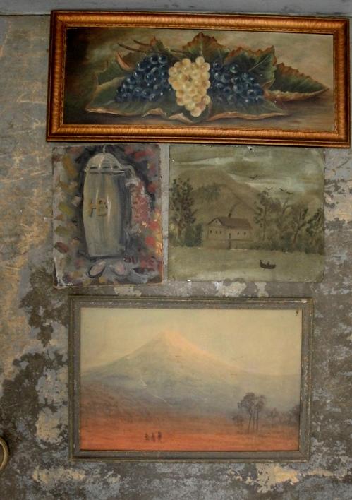 Nine pieces of original artwork including reverse : Nine pieces of original artwork including reverse painting on glass of the Danube in grain painted frame, 2 landscape pastels, still life of fruit, etc.