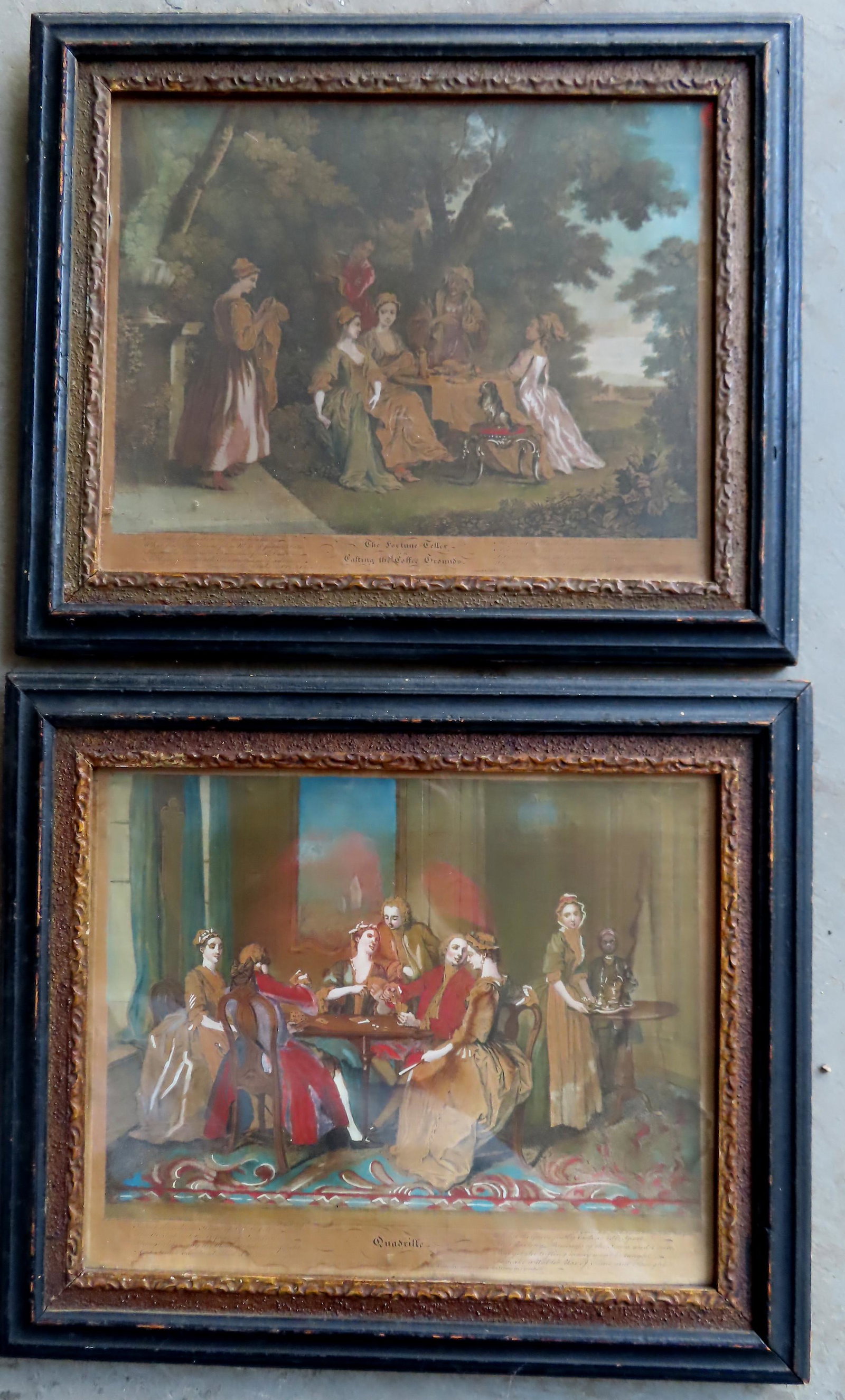 Two hand colored lithographs with white gouache: Two hand colored lithographs with white gouache highlights, each after a Francis Hayman painting in the Vaux Hall Garden (London, England) and dated 1743. The first entitled "The Fortune-Teller On Cas