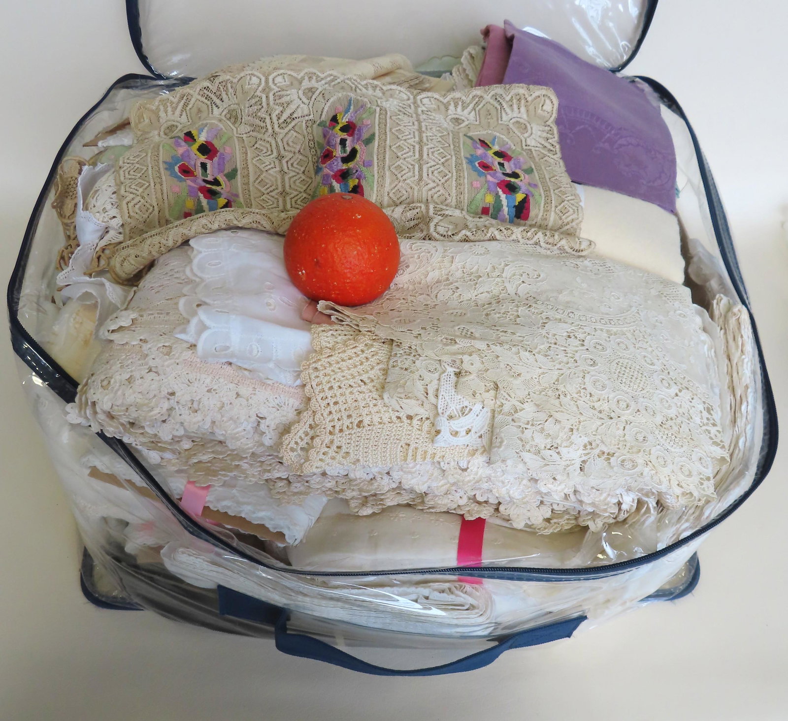 Large lot of vintage linens and rolls of textile: Large lot of vintage linens and rolls of textile material including: Embroidered linen table napkins including set of 12, damask napkins, other napkins in sets,sideboard covers,many rolls of lace bord