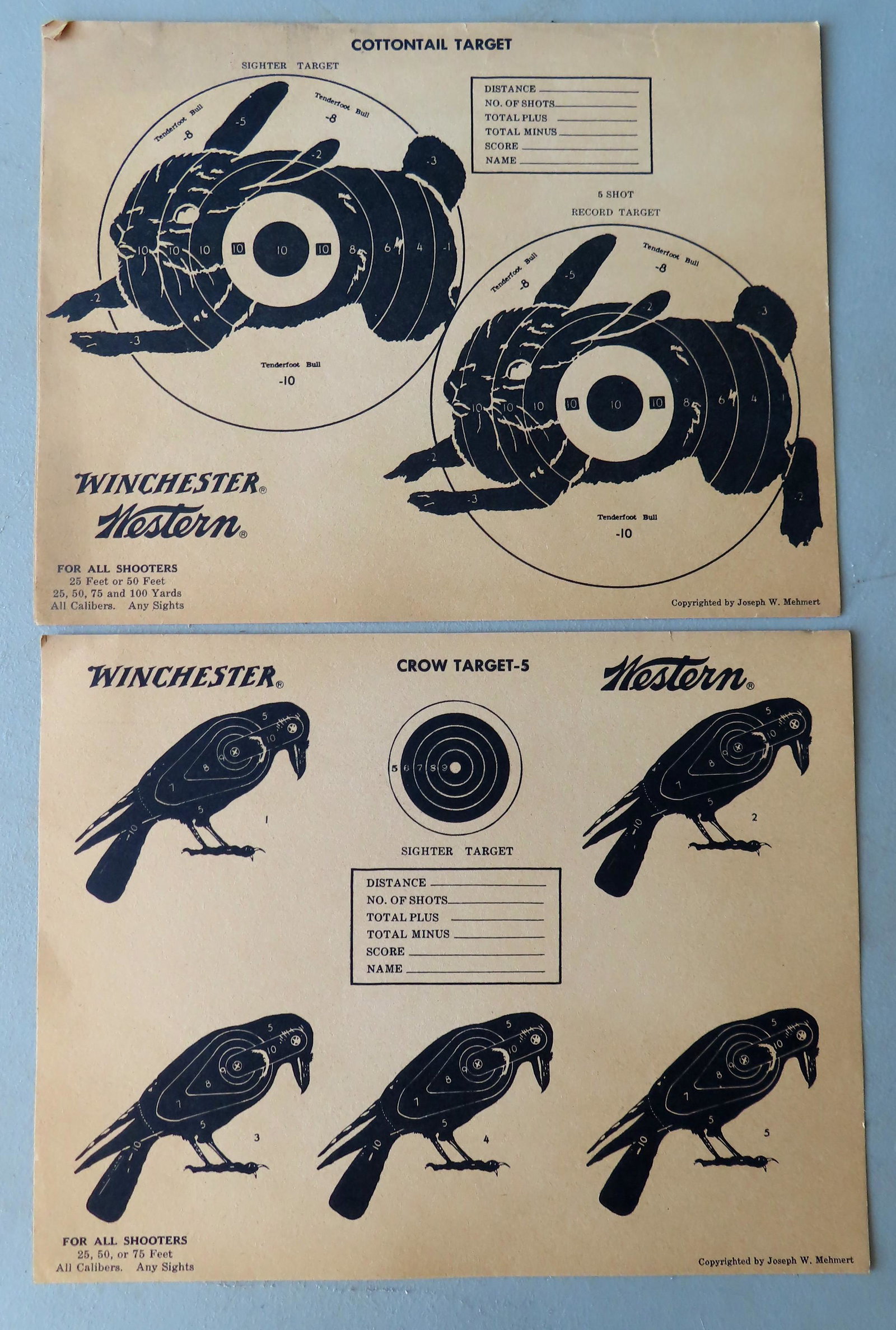 Grouping of 60 Winchester Western paper targets of: Grouping of 60 Winchester Western paper targets of cottontail Rabbit and Crow, copyrighted by Joseph W. Mehmert. Each target 8 1/2" x 11". All unused, most in very good condition.
