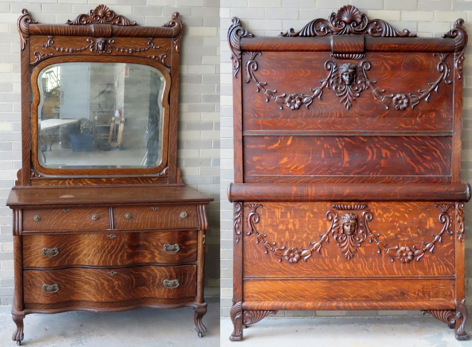 An impressive 2 piece matched bedroom set in tiger oak: An impressive 2 piece matched bedroom set in tiger oak consisting of tall bedstead with applied carvings and a fancy 4 drawer dresser with beveled glass mirror. The crest of the headboard decorated wi