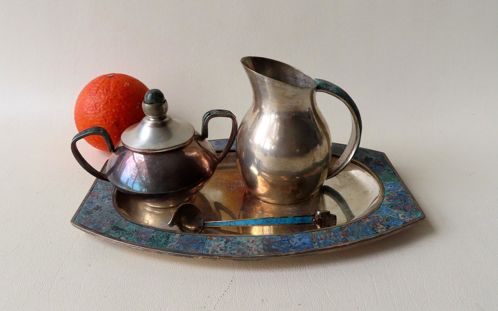 Los Castillo Taxco mid-century style silver plate: Los Castillo Taxco mid-century style silver plate sugar, creamer, spoon, and tray - the sugar and creamer with malachite inlaid handles, the sugar spoon with a bird perched on handle with malachite in