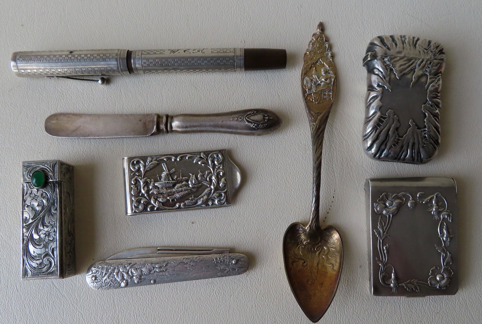 Grouping of 8 silver lady's and gent's decorative: Grouping of 8 silver lady's and gent's decorative objects including: A hallmarked Gorham sterling silver pocket knife - very good condition; a Waterman's sterling silver overlay #452 fountain pen - ve
