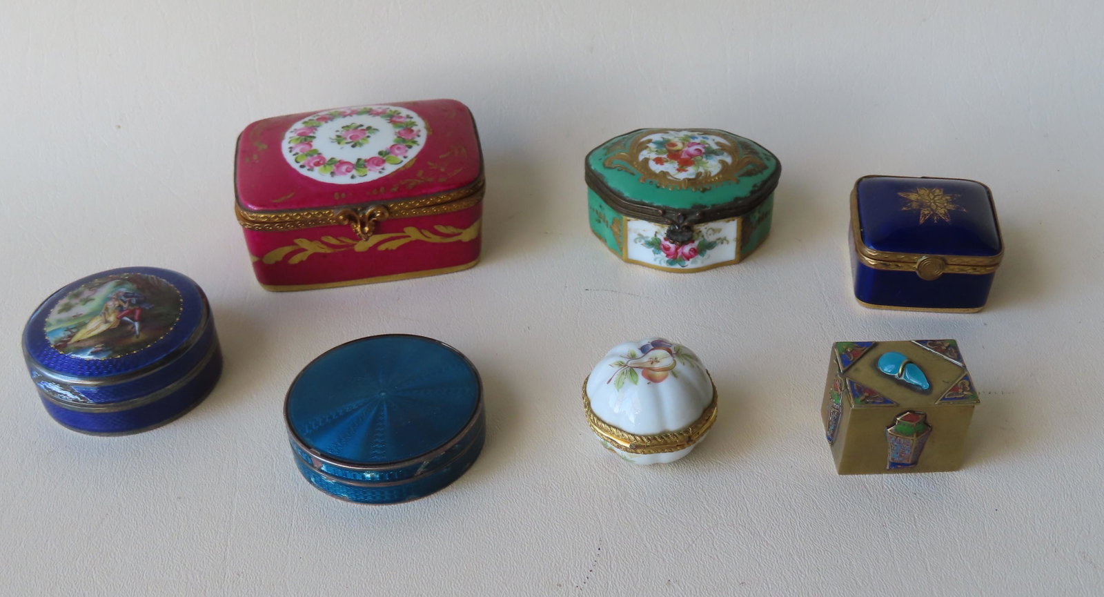 Grouping of 7 miniature dresser/patch boxes, most: Grouping of 7 miniature dresser/patch boxes, most 18th/19th century, including: French Limoges, rectangular porcelain with bronze border - hand painted and decorated with flowers - this is the largest