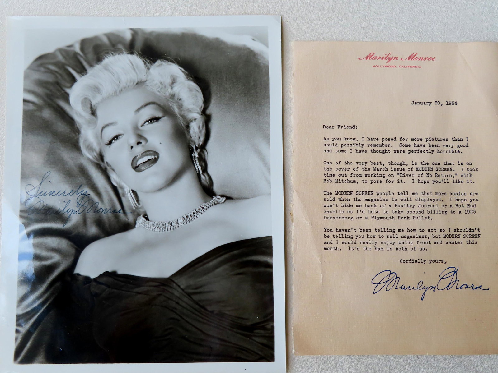 Marilyn Monroe memorabilia including: A typed: Marilyn Monroe memorabilia including: A typed autographed letter with interesting content, where Marilyn is requesting placing the March 1954 edition of Modern Screen, front and center in their store 
