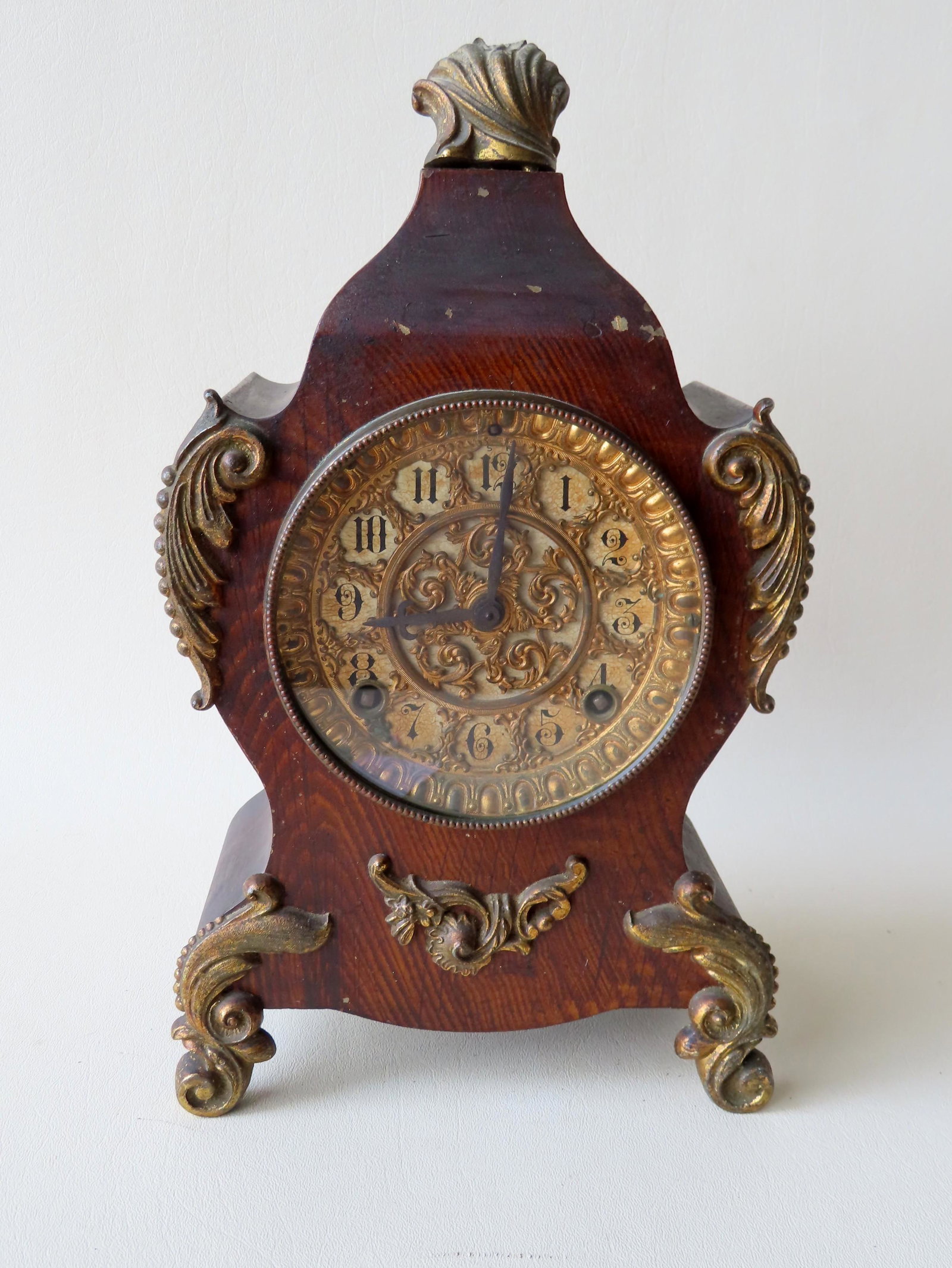 Fancy French style mantle clock signed Ansonia Clock: Fancy French style mantle clock signed Ansonia Clock Co. NY. The clock in grain painted cast iron with applied bass ormolu. Has not been tested - missing pendulum and key - all clocks sold with comple