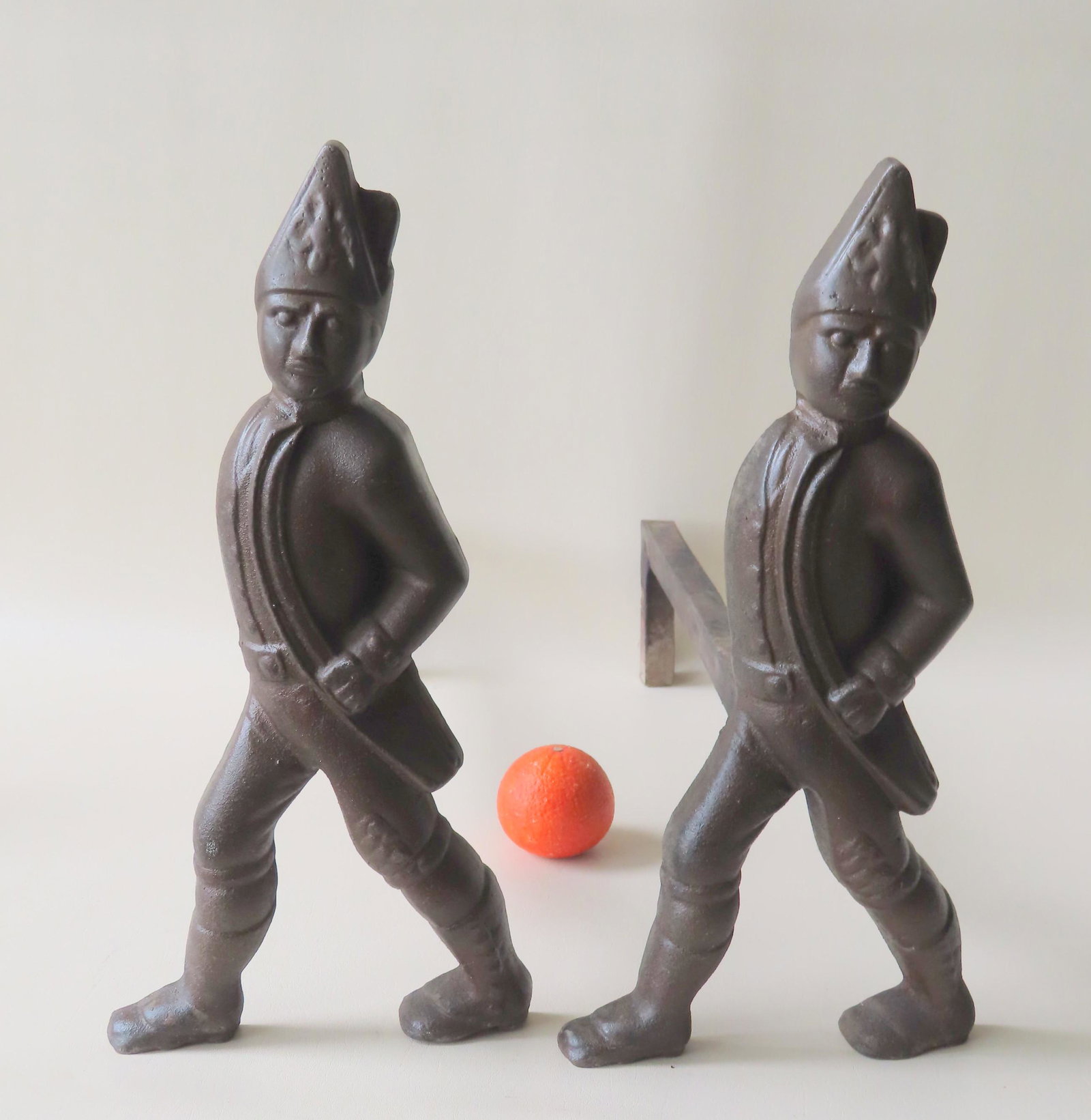 Pair of cast iron Hessian soldier andirons, American: Pair of cast iron Hessian soldier andirons, American made, probably late 19th to early 20th century. Note that the Hessians were German soldiers who served as auxiliaries to the British Army during th
