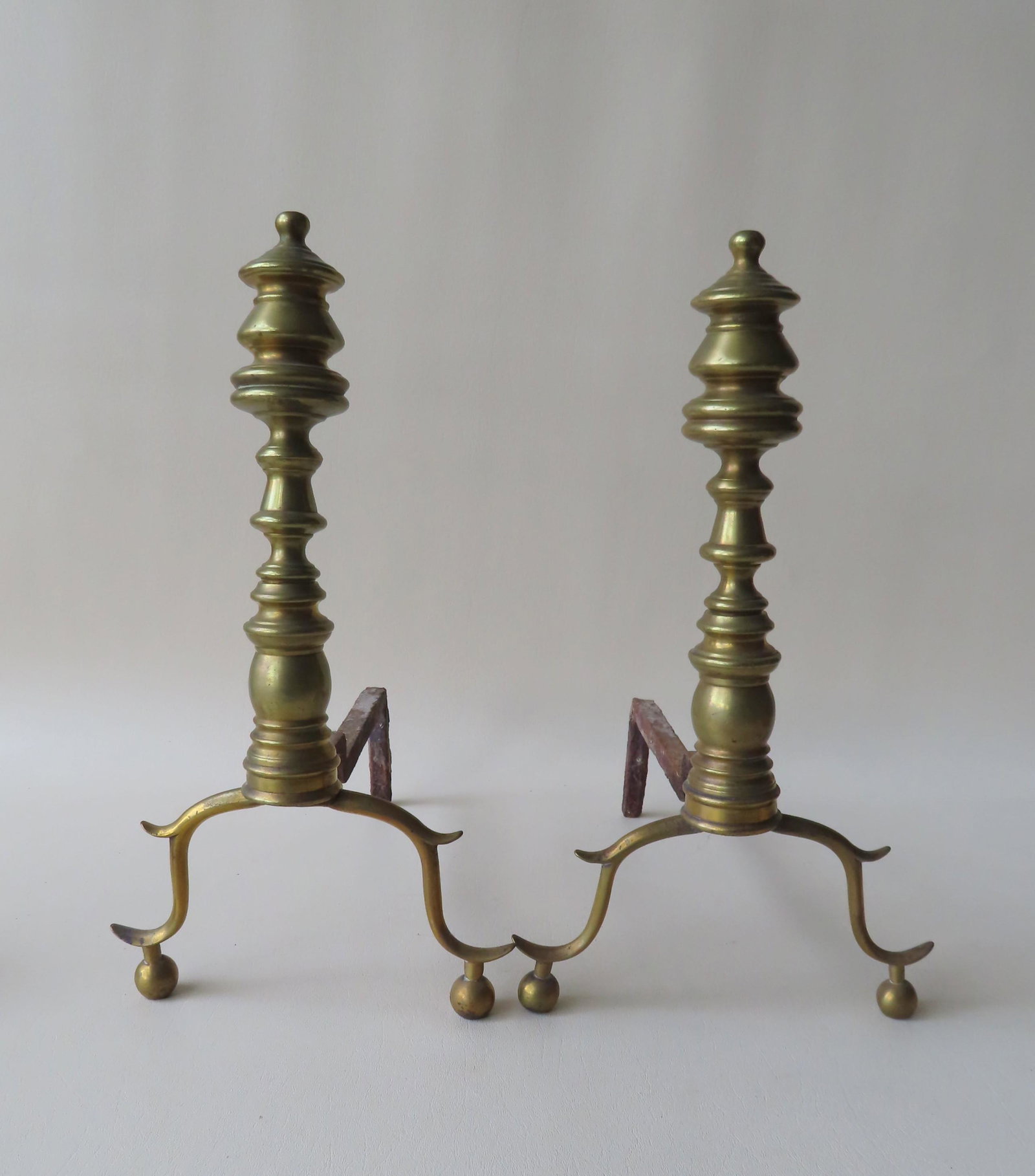 Pair of brass Chippendale andirons, early 19th century,: Pair of brass Chippendale andirons, early 19th century, very good condition. 15 1/2"H x 13 5/8"D.
