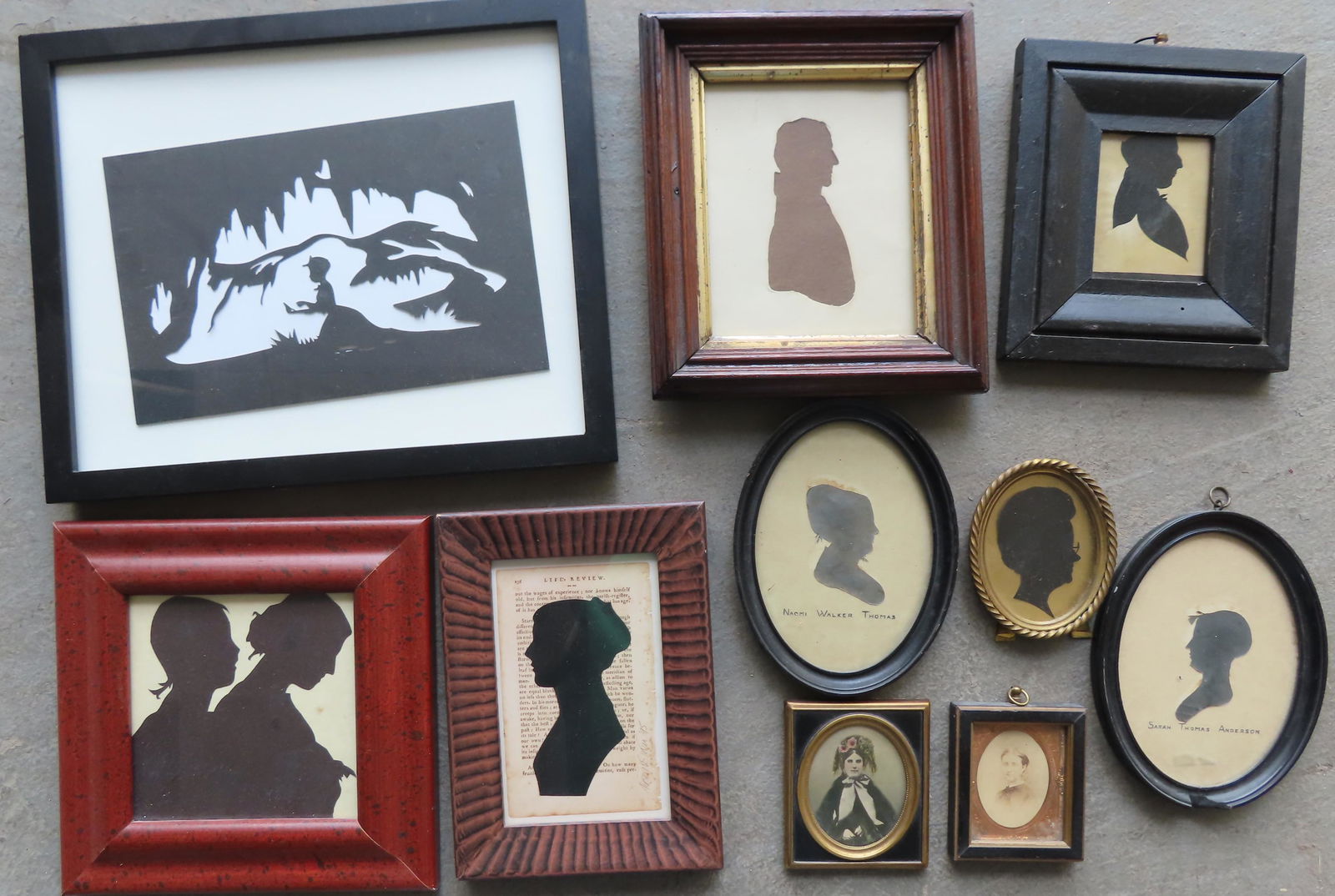 Grouping of 8 silhouettes & 2 miniature cased photos: Grouping of 8 silhouettes & 2 miniature cased photos including: Silhouette of a gentleman, late 19th century in period frame - some paper damage above head of sitter, else good condition - total frame