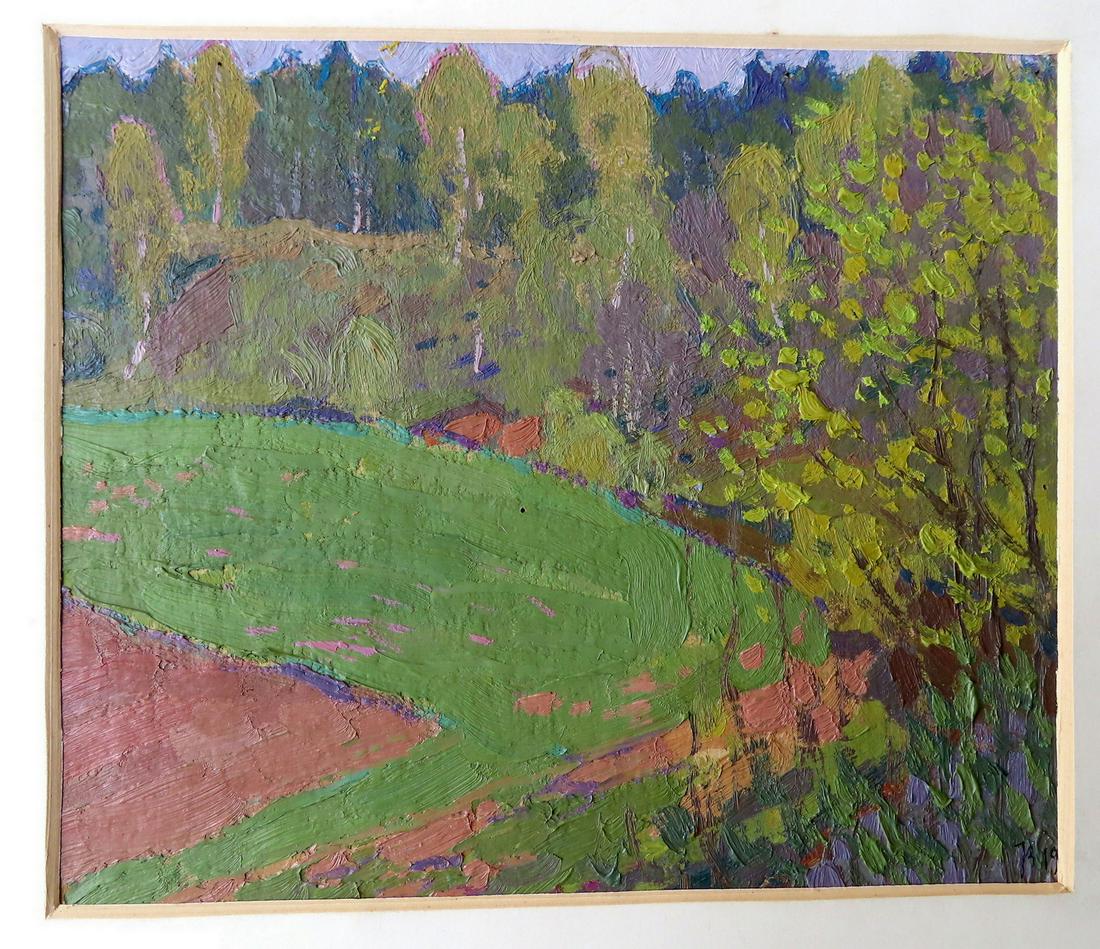 Jacobus Belsen, active in Russia, Germany & NY City -: Jacobus Belsen, active in Russia, Germany & NY City - b. Russia 1870 - d. New York, 1937. Oil on paper board, impressionist landscape with trees surrounding green knoll, signed "JB 19". Very good cond