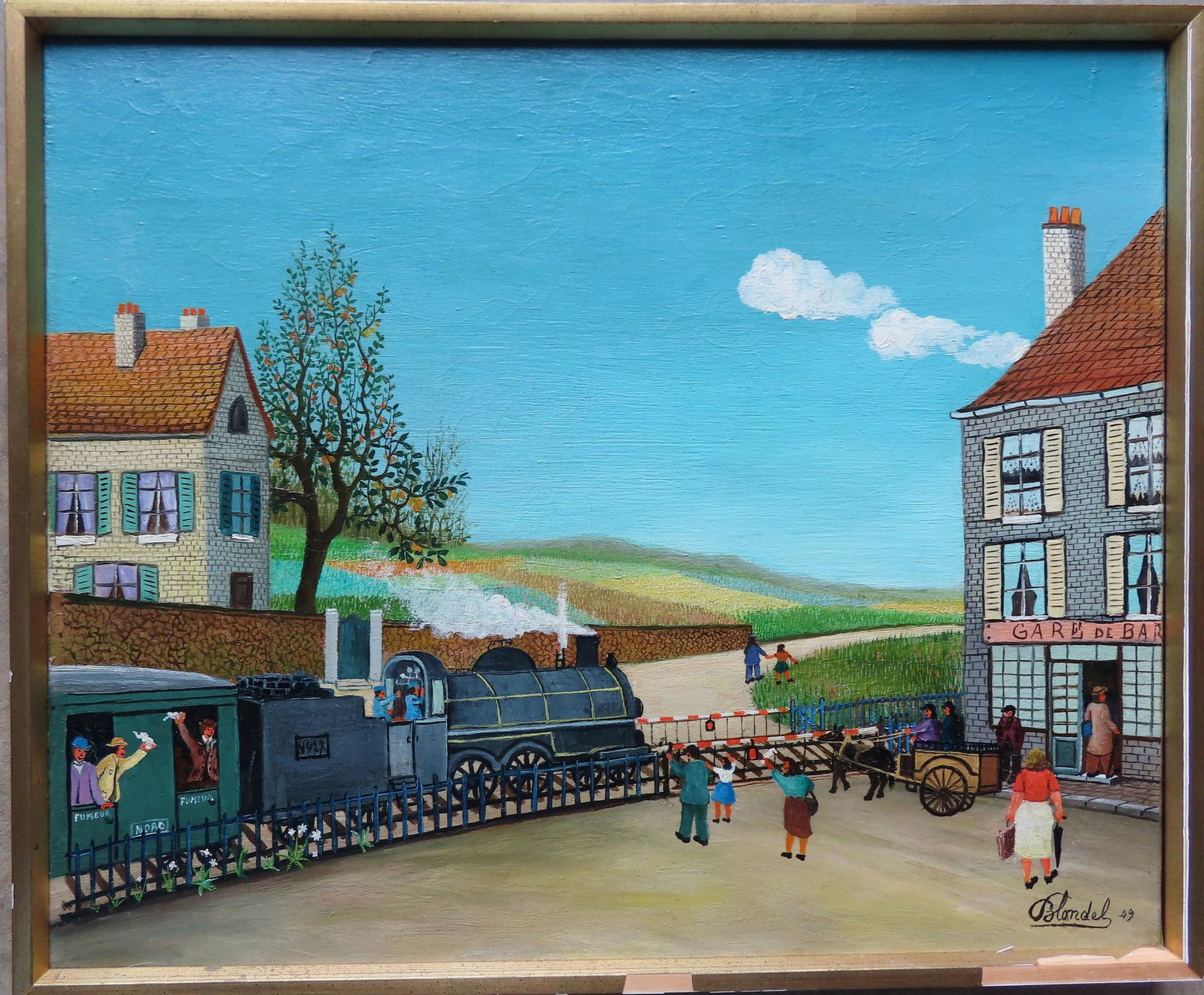Emile Blondel (French, 1893-1970). O/C Folk art: Emile Blondel (French, 1893-1970). O/C Folk art depiction of a French train depot with train leaving station, figures waving to passengers, and horse drawn cart waiting for train to pass - buildings i