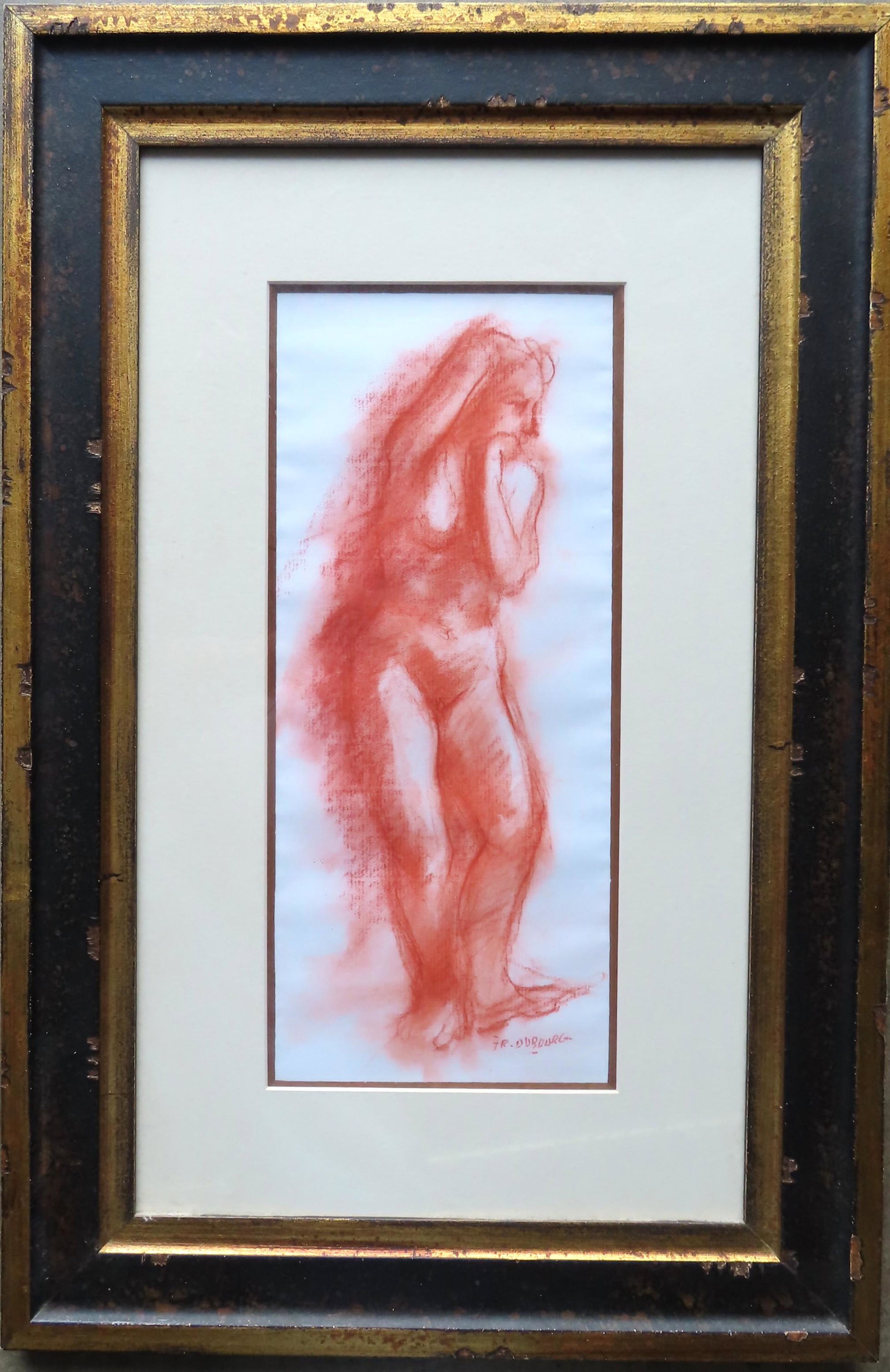 Sanguine sketch of standing nude woman signed Fr.: Sanguine sketch of standing nude woman signed Fr. Dubourg, mid 20th century. Total frame size 17 1/2" x 26 1/4". Very good condition.