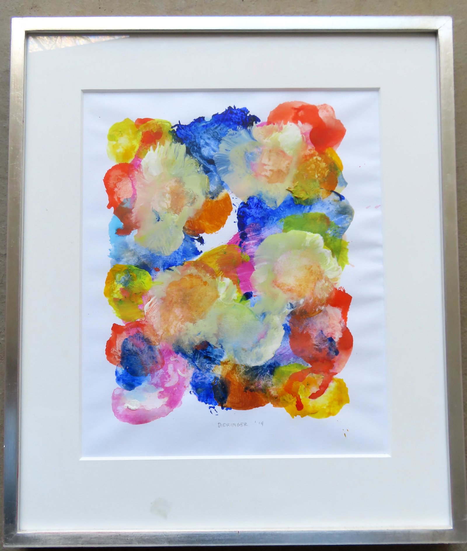 Ernest A. Dieringer (NY-CT - Illinois, 1931-2016).: Ernest A. Dieringer (NY-CT - Illinois, 1931-2016). Colorful abstract acrylic on paper signed Dieringer, '14 (2014). Very good condition, professionally framed and matted. Sight size 12" x 14 1/2" and 